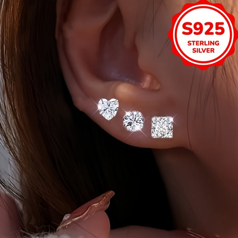 Lot de 6 paires de boucles d’oreilles puces femme en argent S925 hypoallergénique, 1,5 g chacune, ornées de zirconia synthétique, formes cœur et carré, bijou minimaliste et élégant, parfait pour tenue décontractée ou occasions spéciales