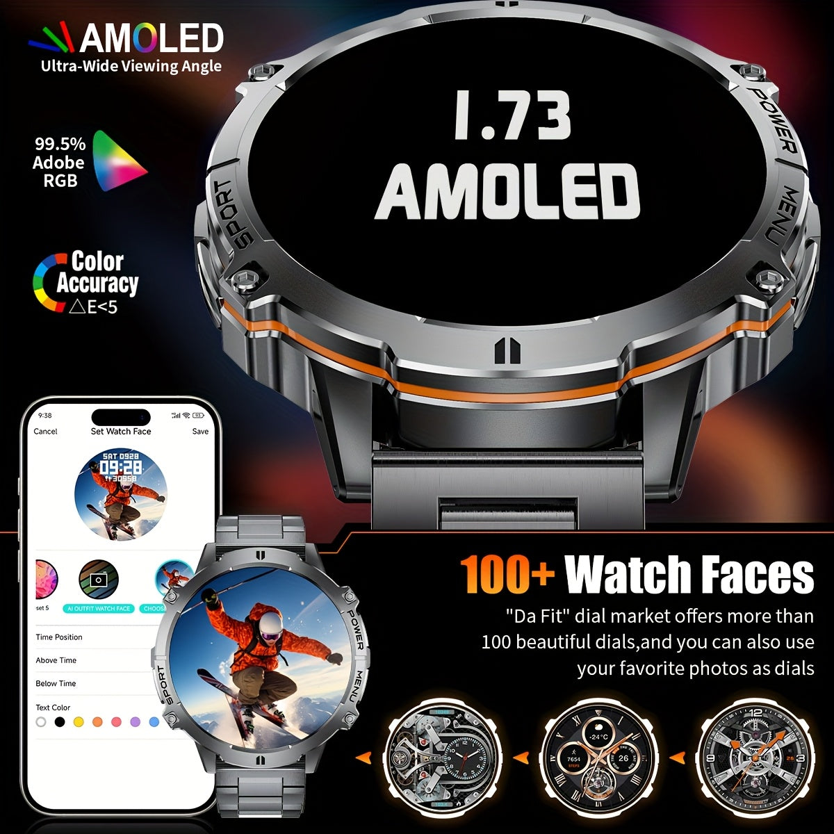 Montre Connectée  pour Homme – Appels Bluetooth, Écran AMOLED 4,39 cm, Batterie 900 mAh, 110+ Modes Sport, Tracker d’Activité, Télécommande Photo, Météo & Lecture Musique – Compatible iPhone/Android