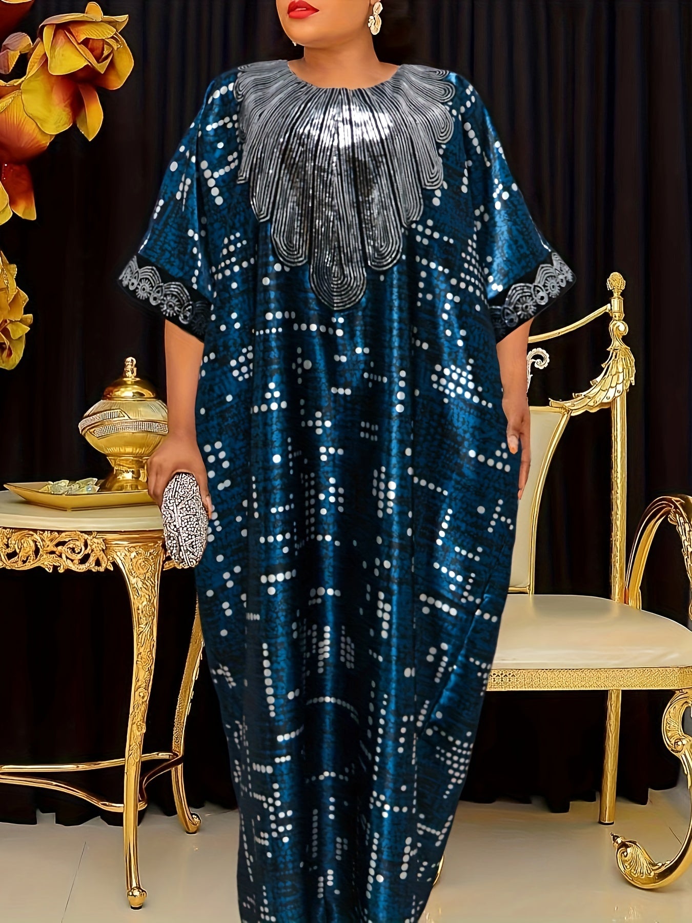 Robe Kaftan Turque Moyen-Orient – Ornée de Sequins, Manches Chauve-Souris et Foulard, Longueur Sol, Imprimé Intégral, Tissu Non Extensible, Parfaite pour Mariages, Fêtes et Événements Culturels