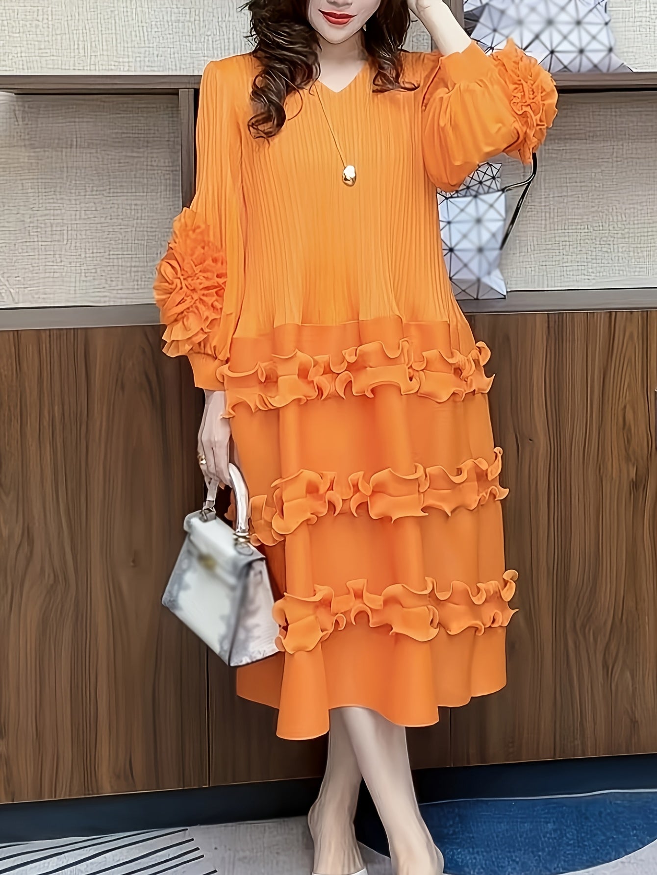 Robe Grande Taille Élégante – Col Volants, Manches Bouffantes, Coupe A-Ligne Smock, Longueur Courte à Mi-Mollet, Couleur Unie Noire