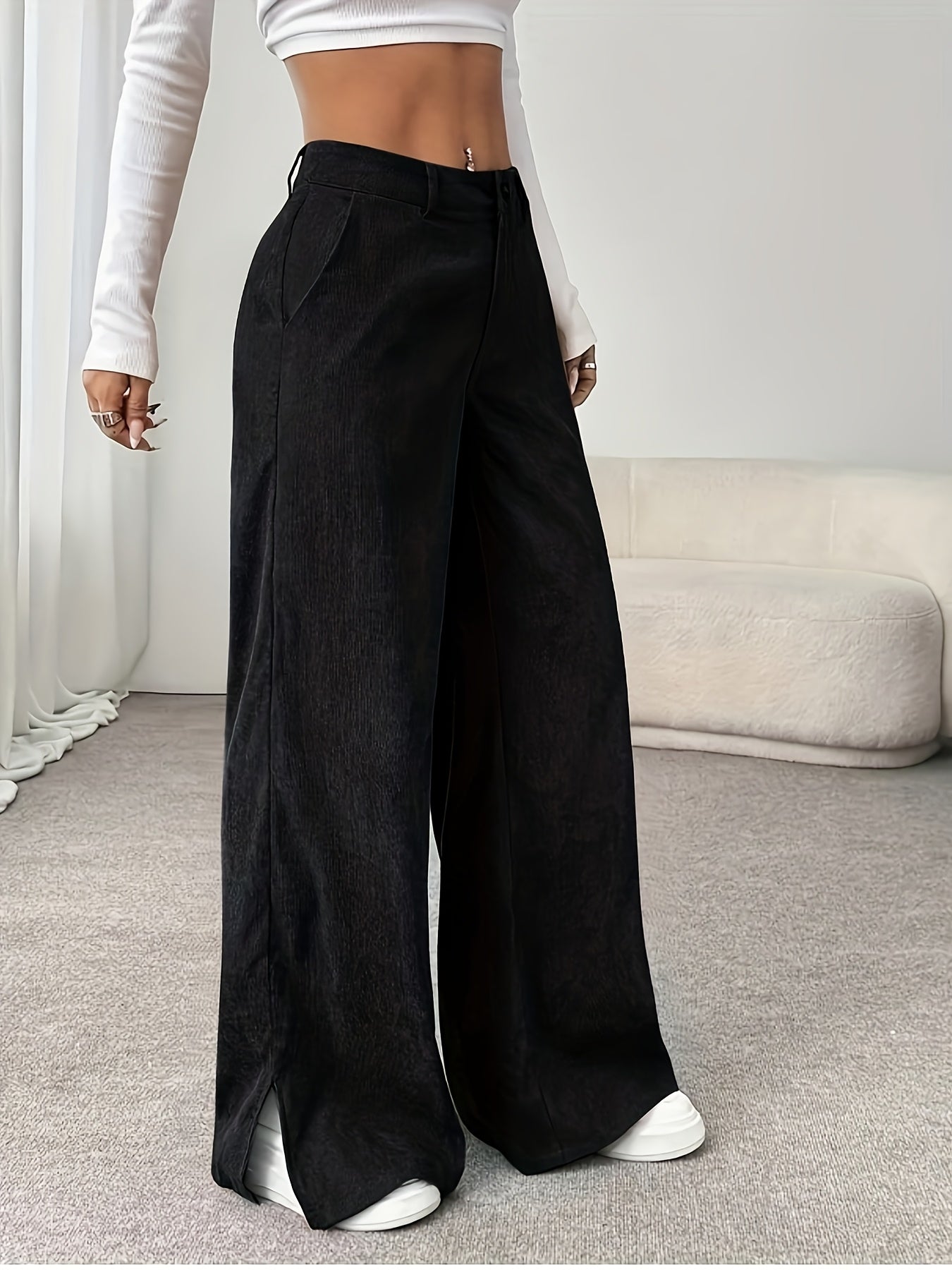 Pantalon Femme Décontracté Jambe Large – Poches Latérales, Tous Saisons, Bureau et Décontracté