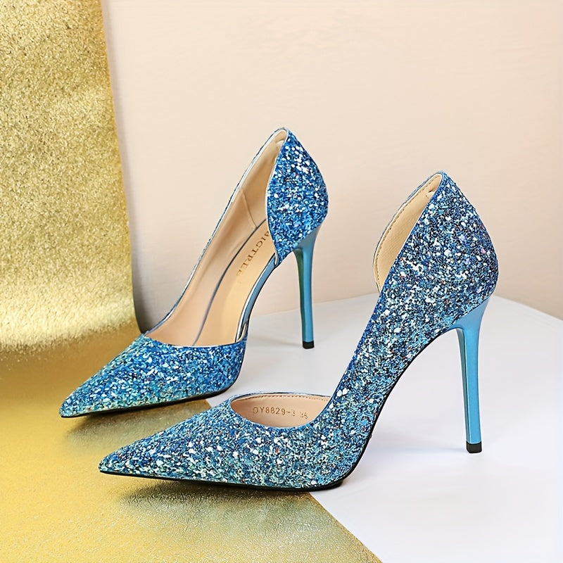 Escarpins à Paillettes Brillantes – Talons Aiguilles Ultra-Fins, Bout Pointu, Finition PU Scintillante, Bleu / Doré – Chaussures de Soirée, Mariage & Bal – Chaussures Habillées Toutes Saisons (Design Échancré Confortable)