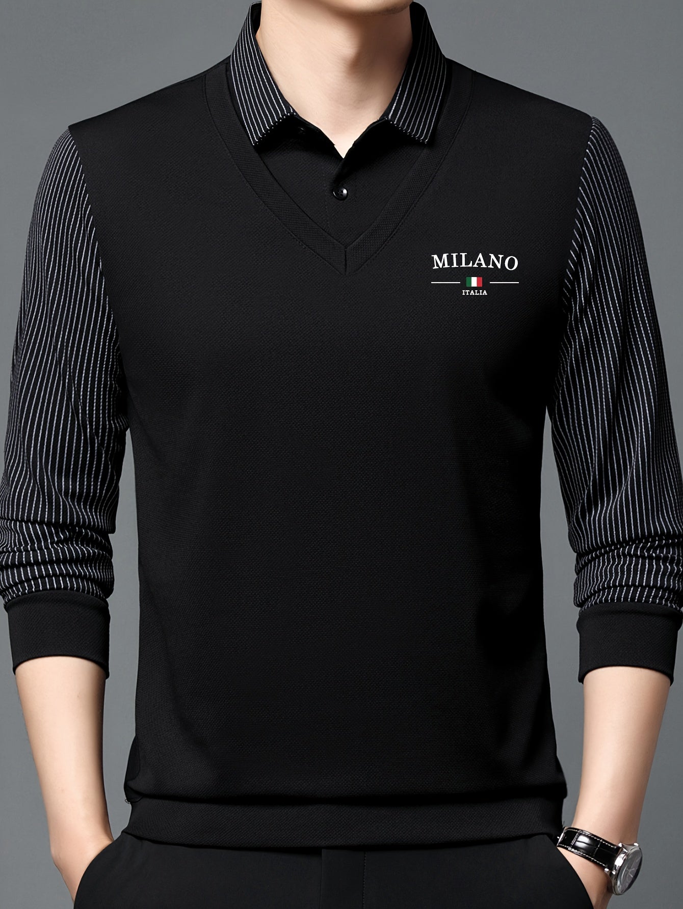Men's All-Season Long Sleeve Shirt - Dark Green with White Contrast Collar &, Italian-Inspired Logo (Milano Italy Flag), Button-Front Placket, Casual to Smart-Casual Wear, Versatile for, Office & Everyday - Regular Fit
