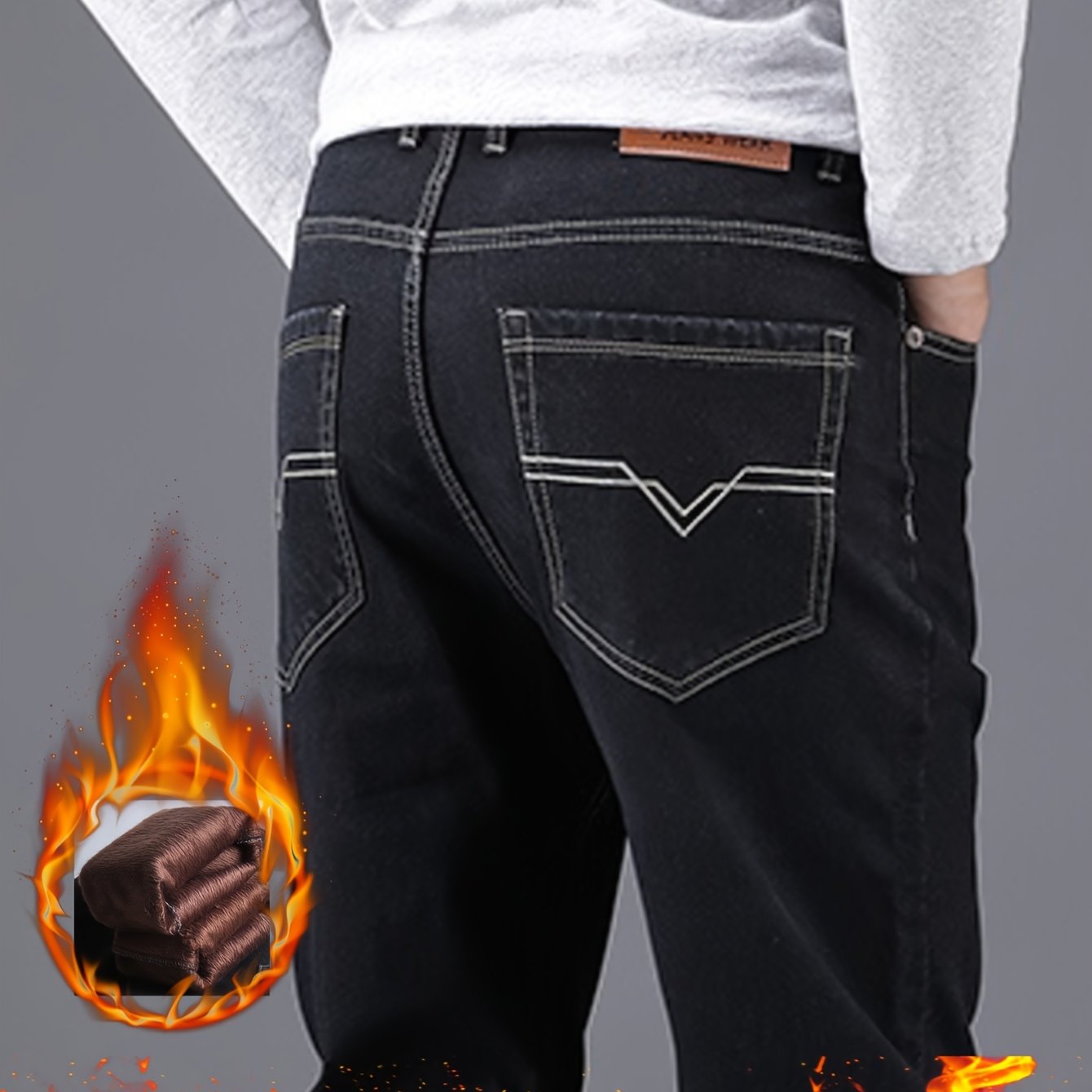 Jeans Hiver Homme – Épais, Polaire, Stretch, Jambe Droite, Noir, Casual & Business