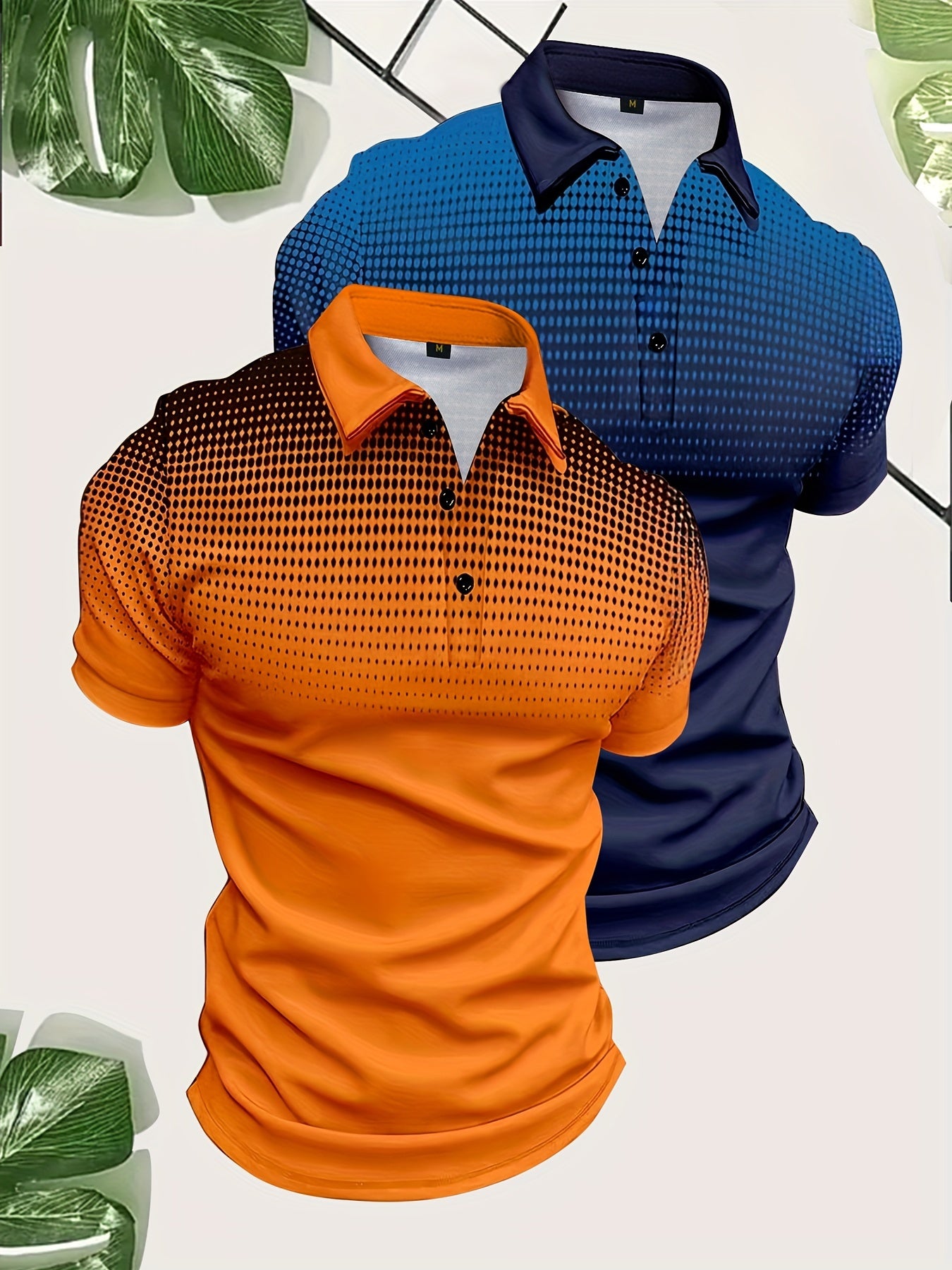 2pcs Men's Gradient Pattern Print Short Sleeve Lapel Golf Shirts, Casual Style Slight Stretch Regular Fit Summer Tops, Summer Golf Shirts