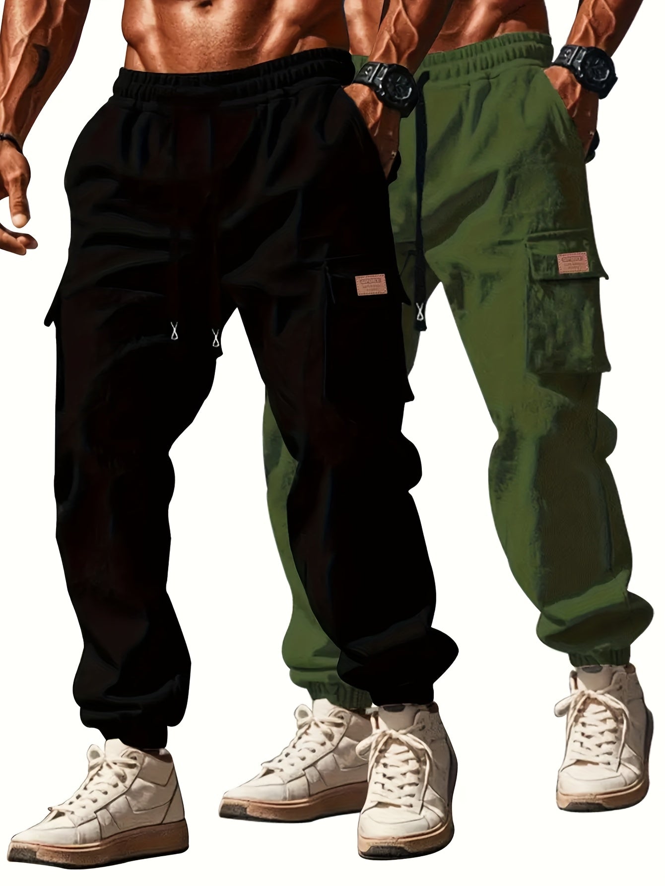 Pantalons de travail robustes pour homme (2 pièces) – cargos complets à multiples poches utilitaires, taille à cordon, coton non extensible, coupe ample (noir et vert olive)
