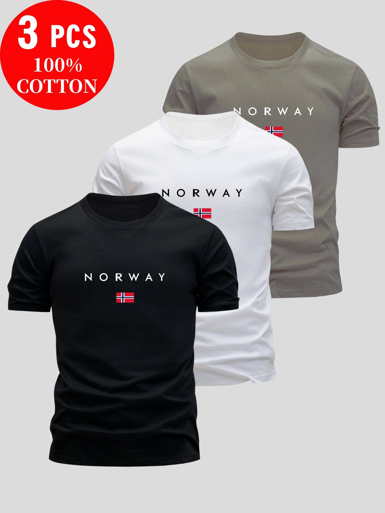 3pcs Men'S 100% Cotton T-Shirts - Breathable & Sweat-Wicking, Slim Fit Crew Neck Short Sleeve Tees with "NORWAY" Graphic Print, Casual Summer Tops in Black, White & Grey, Sweat-Resistant, Lightweight & Comfortable for Casual
