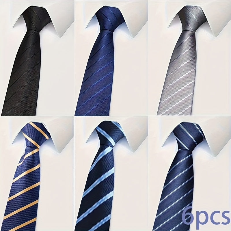 6pcs Cravates Homme – Rayées, Zippées, Formelles, Noir/Bleu/Gris/Rouge, Mariage & Événements