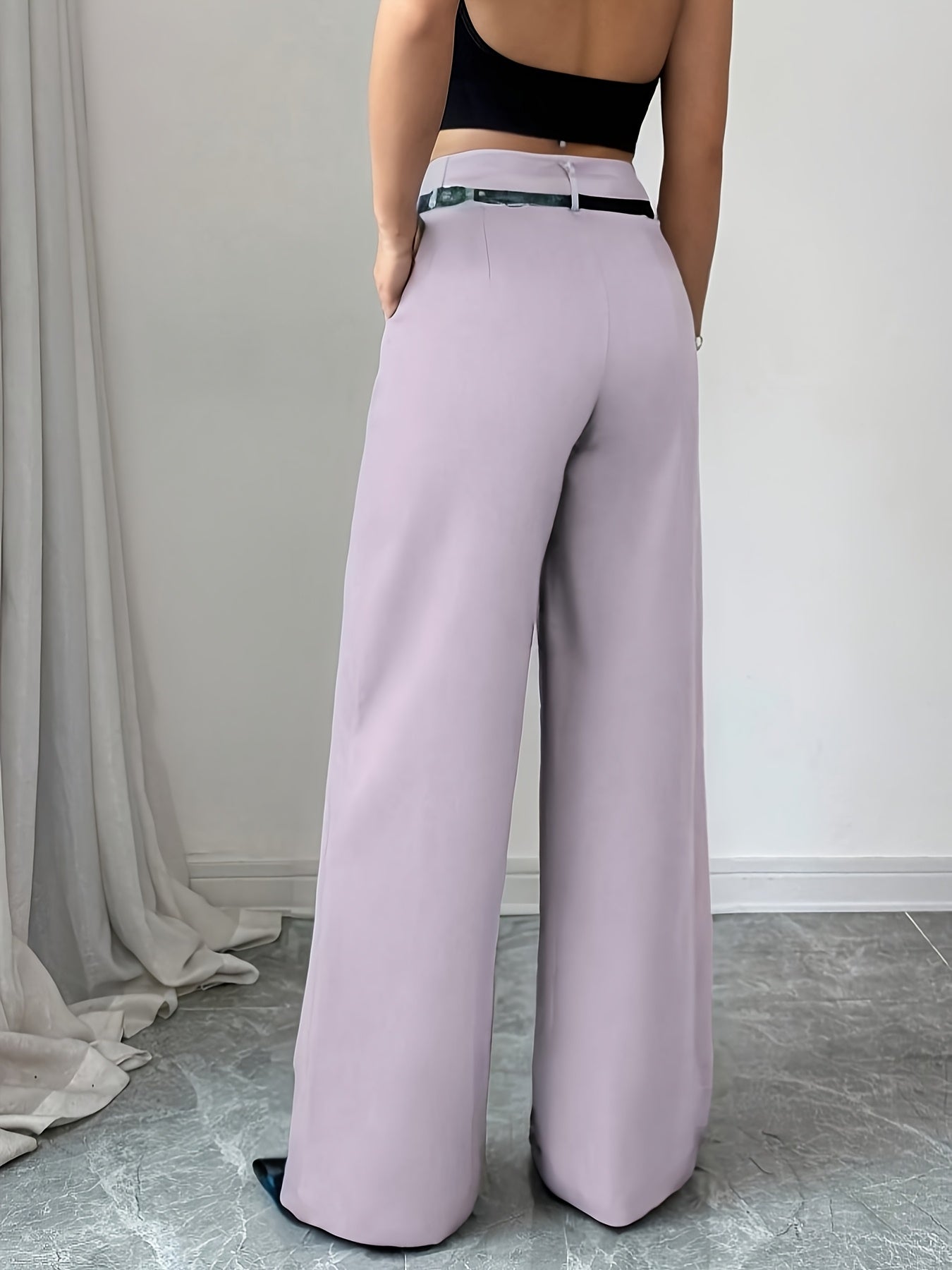 Pantalon Femme Noir Chic – Jambe Droite Taille Haute avec Ceinture Vintage, Bureau et Décontracté, Printemps/Été/Automne