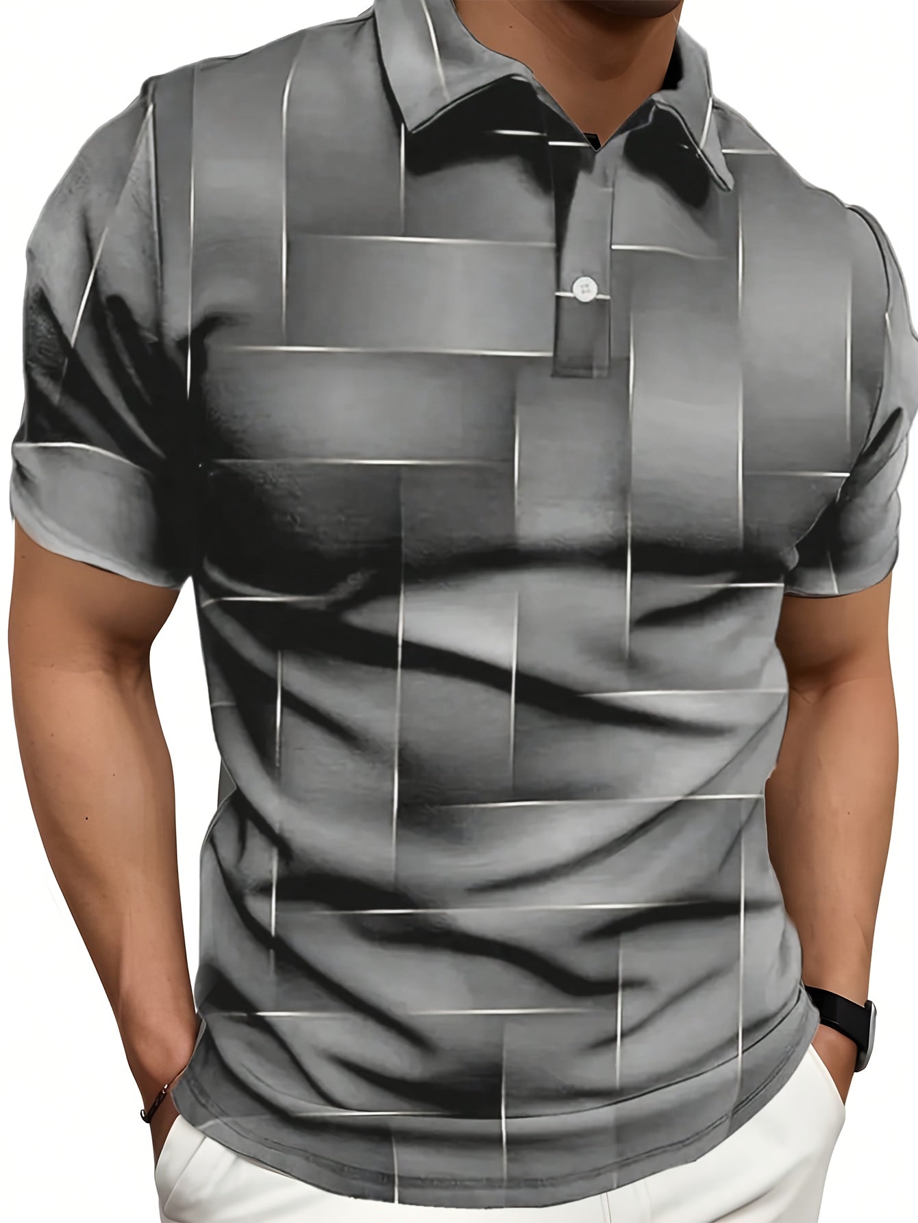 Men's Stylish Black & Golden Geometric Print Shirt - Short Sleeve, Casual Golf Sportswear, Digital Printing, Button-Up Collar, Polyester, All-Season Wear