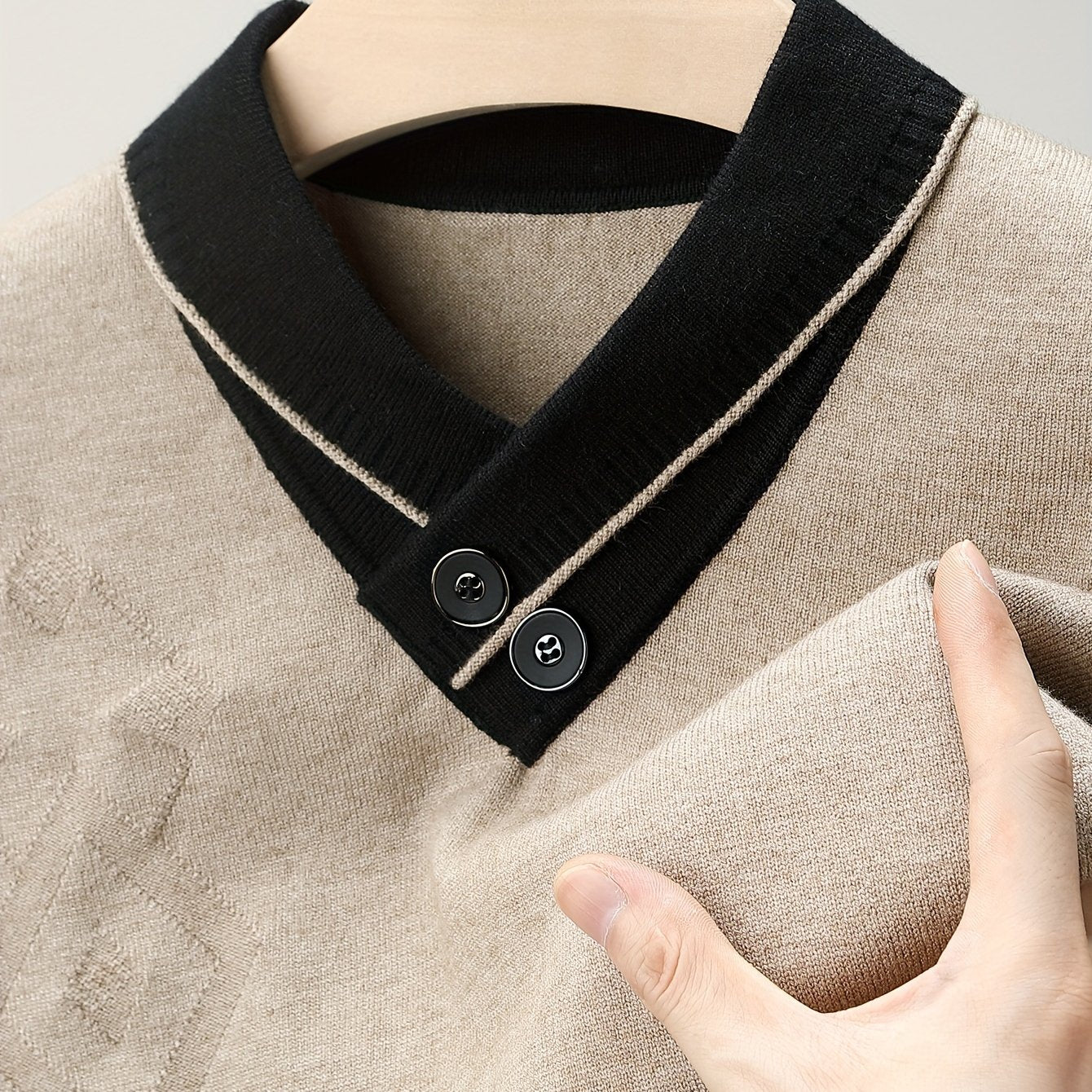 1pc Men'S Winter V-Neck Sweater with Dual Button Detail - Color Block Knit Pullover, Viscose Fabric, Long Sleeve, Regular Fit, Casual Style for Fall/Winter - Soft, Warm, Skin-Friendly Inner Layer, Thick