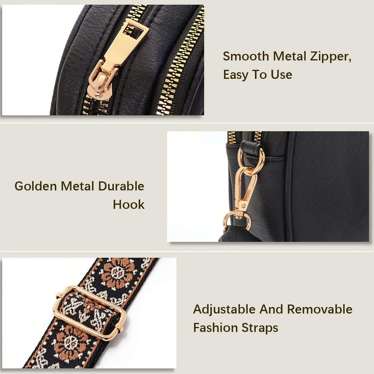 Sac bandoulière en PU grande capacité – plusieurs poches, fermeture zippée, idéal pour trajets et voyage, disponible en noir/blanc