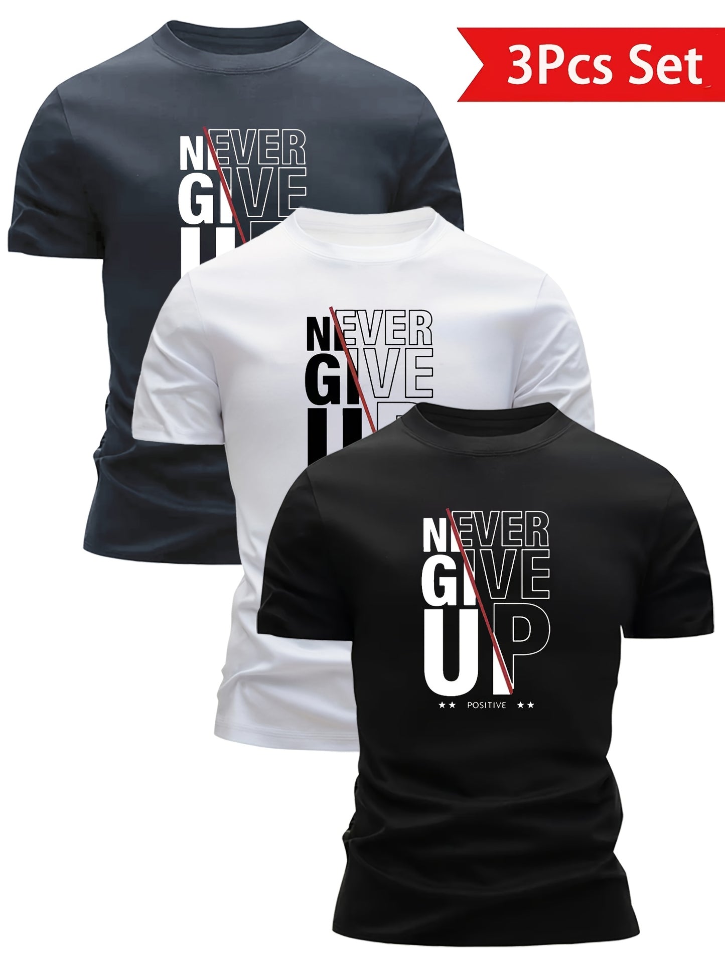 Set of 3 Mixed Print 'Never Give Up' Short-Sleeve Men'S Ultra-Light Round Neck T-Shirts - Quick-Drying, Breathable, Sweat-Absorbing Shirts, Perfect for Summer Casual Wear, a Great Gift for Men with a Round Neck Design, Sweat-