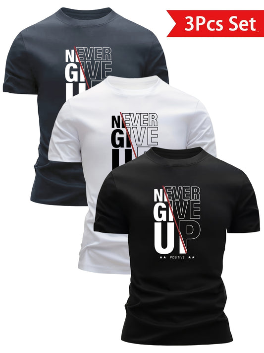 Set of 3 Mixed Print 'Never Give Up' Short-Sleeve Men'S Ultra-Light Round Neck T-Shirts - Quick-Drying, Breathable, Sweat-Absorbing Shirts, Perfect for Summer Casual Wear, a Great Gift for Men with a Round Neck Design, Sweat-