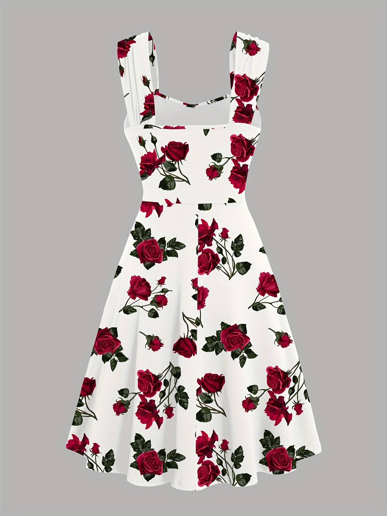 Robe élégante décontractée pour femme, imprimée de roses, plissée sur le devant, à larges bretelles croisées et épaules dénudées