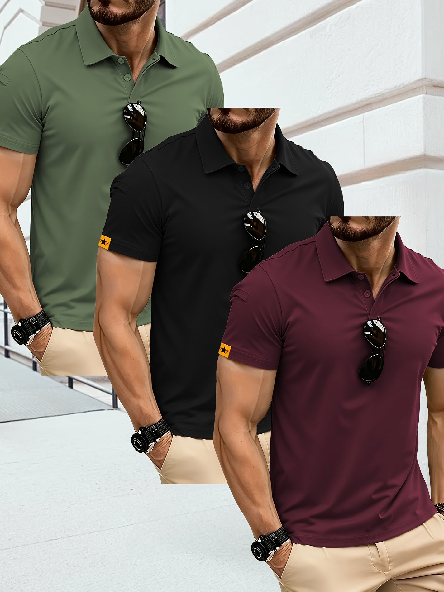 3pcs Men'S Plus Size Polo Shirts - Casual Short Sleeve, Button-Up Collar, Geometric Pattern, Regular Fit, Spring/Fall Sportswear, Golf & Tennis, Plus Size T-Shirts, PLUS SIZE, Men Polo Shirt High Quality, Men Plus Size Clothi