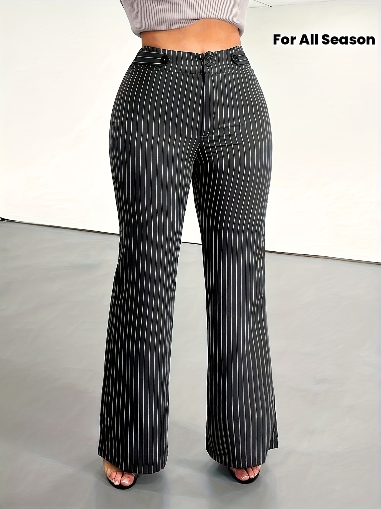 Pantalon Femme Jambe Évasée – Rayures Verticales Blanc/Noir/Navy, Tous Saisons, Bureau et Décontracté