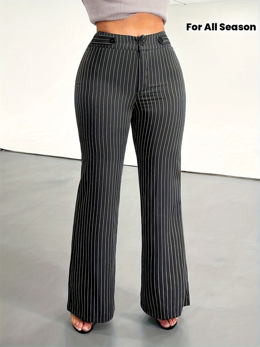 Pantalon Femme Jambe Évasée – Rayures Verticales Blanc/Noir/Navy, Tous Saisons, Bureau et Décontracté