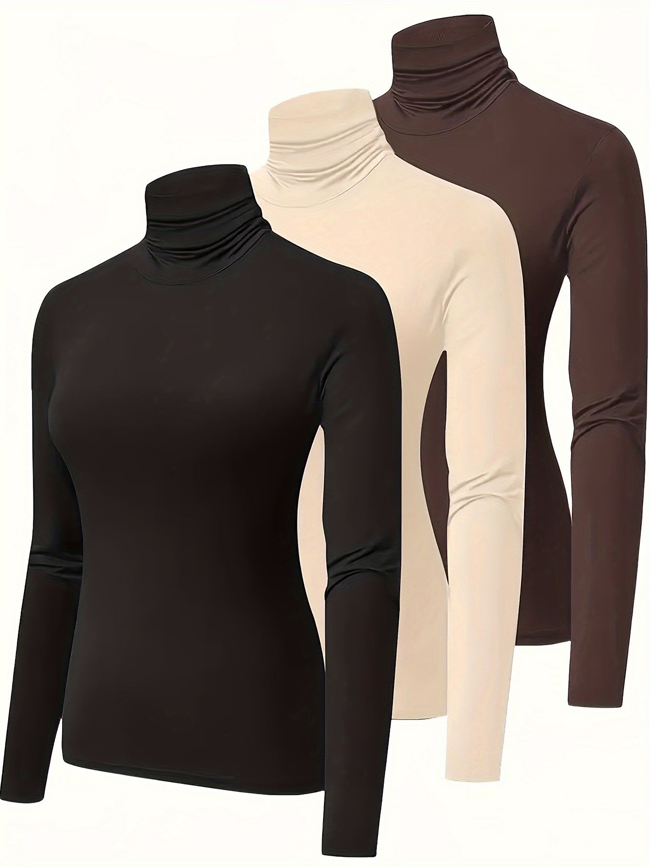Lot de 3 t-shirts à col montant, manches longues pour femmes, automne et hiver, base polyvalente décontractée à superposer