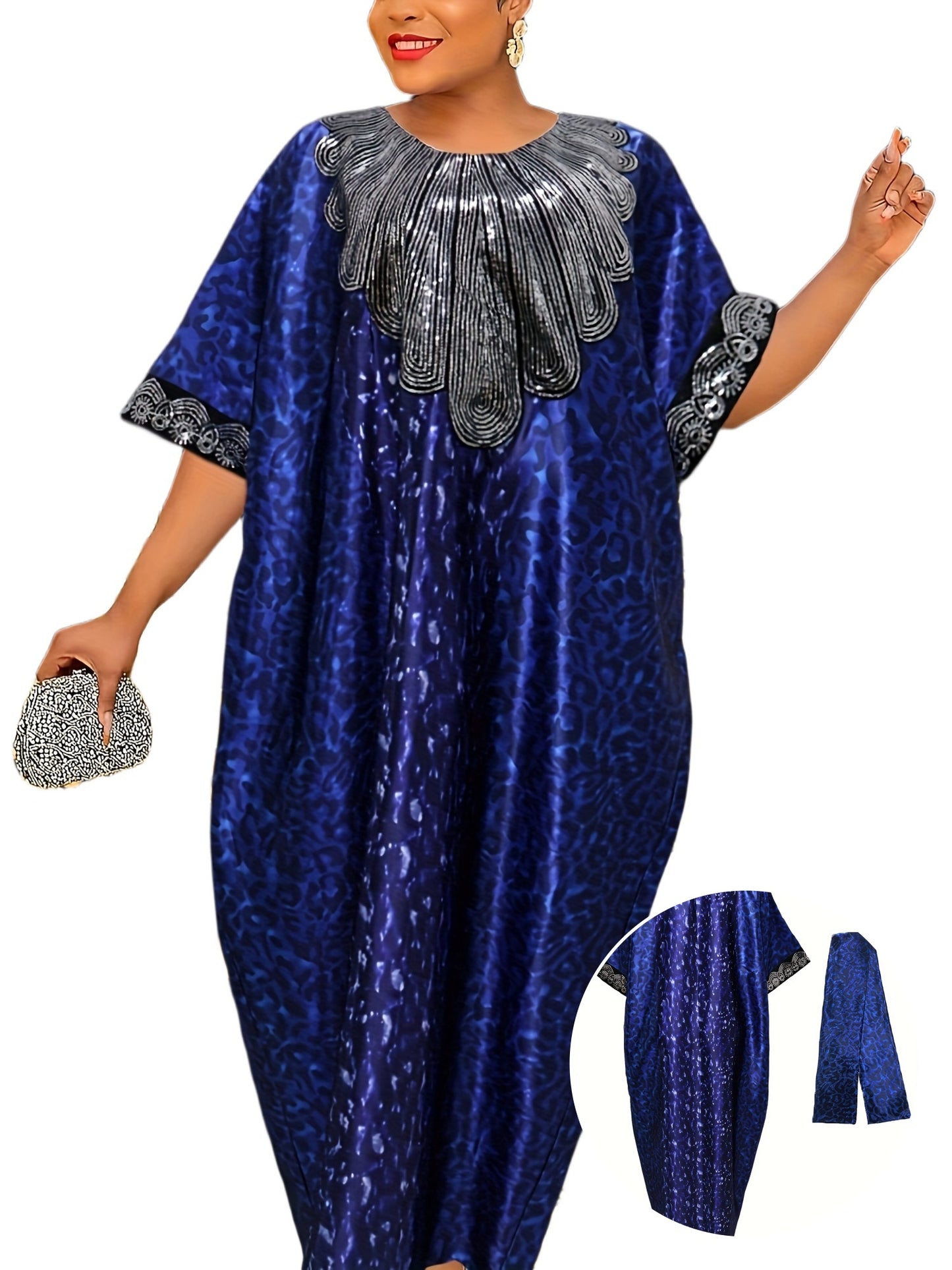 Robe Kaftan Turque Moyen-Orient – Ornée de Sequins, Manches Chauve-Souris et Foulard, Longueur Sol, Imprimé Intégral, Tissu Non Extensible, Parfaite pour Mariages, Fêtes et Événements Culturels