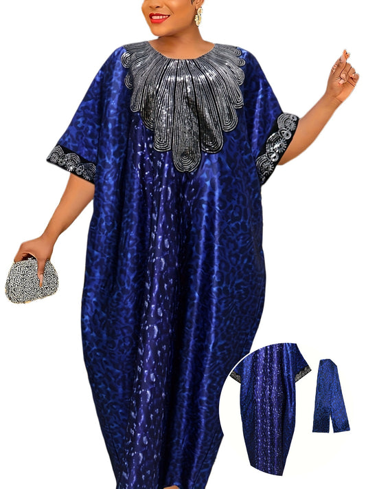 Robe Kaftan Turque Moyen-Orient – Ornée de Sequins, Manches Chauve-Souris et Foulard, Longueur Sol, Imprimé Intégral, Tissu Non Extensible, Parfaite pour Mariages, Fêtes et Événements Culturels