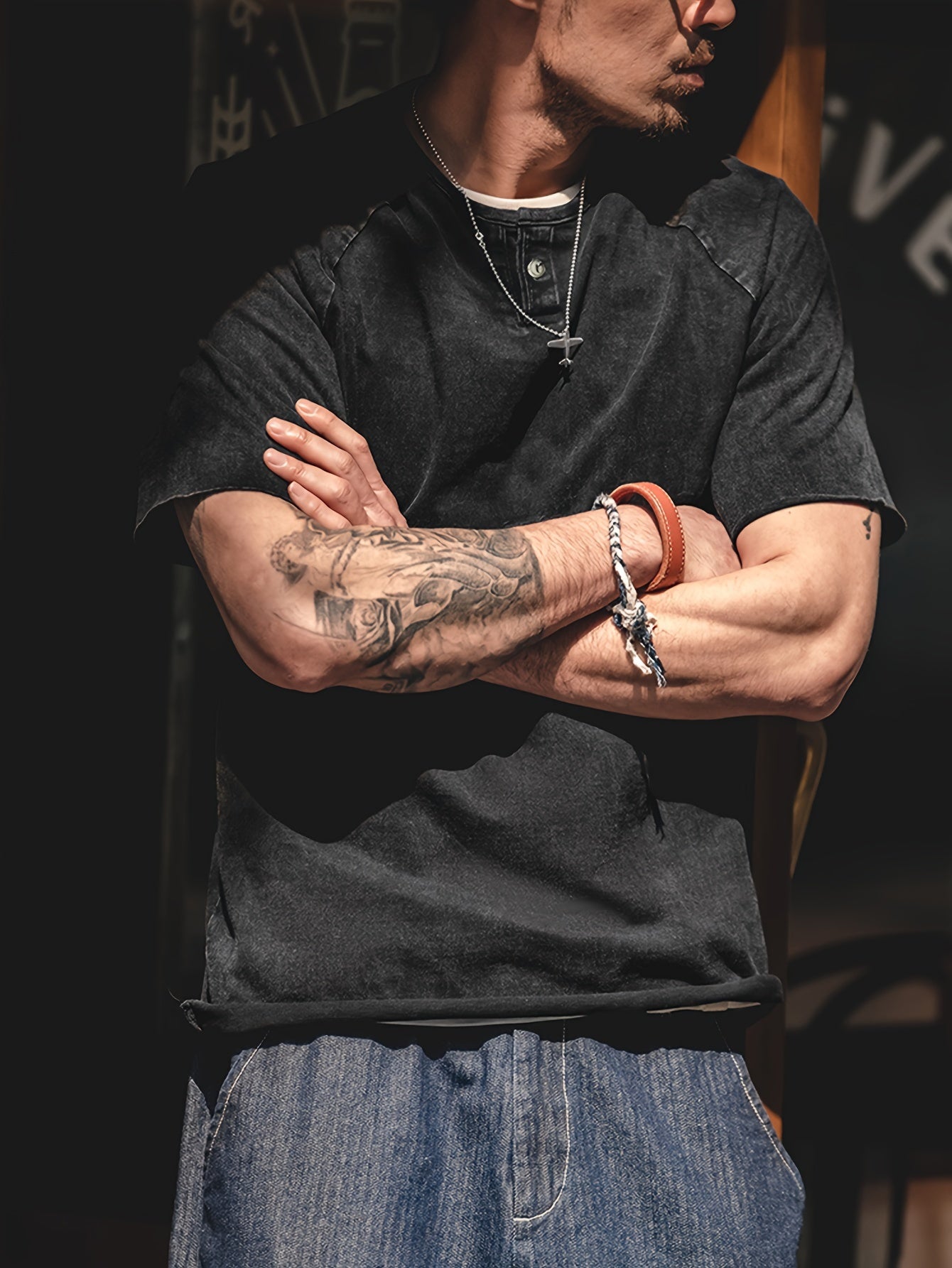 Maden Men's Casual Henry T-Shirt Vintage Inspired Enzyme Wash Tee Slim Fit Stretch Short Sleeve Tshirt, Weekend Attire, Streetwear Style, Distressed Look, Retro Tshirt, Soft, Stretch Fabric, Fitted Shirt, Casual Wardrobe, Urb