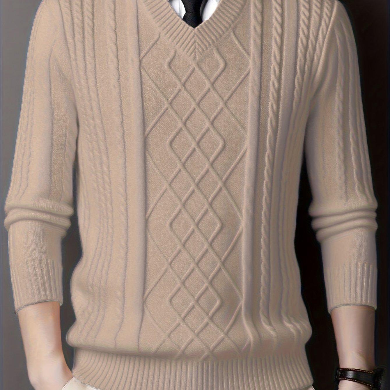 New Men's Knit Sweater with Twisted Floral V-Neck Long Sleeve Casual Top