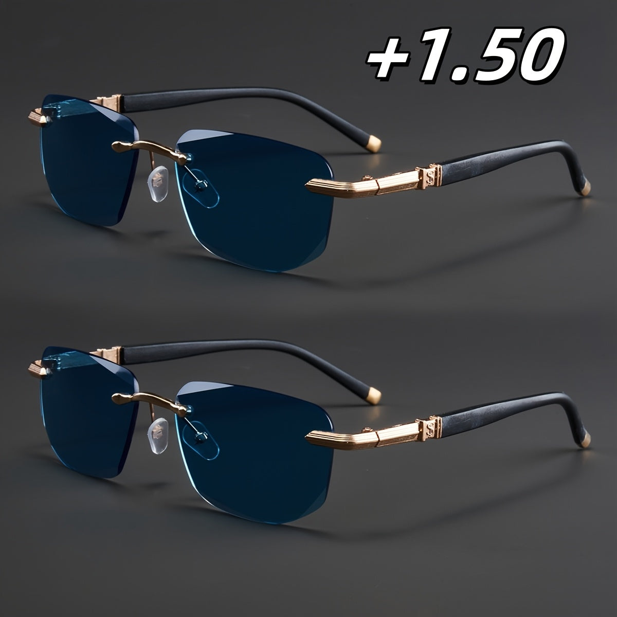 Two Pairs, Bundled Set, Stylish, Men'S, Exquisite, Luxurious, Rimless, Beveled Edge, Reading Glasses, Metal Frame, Options: 100, 150, 200, 250, 300, 350, And 400 Degrees, Without Battery, Christmas Gifts