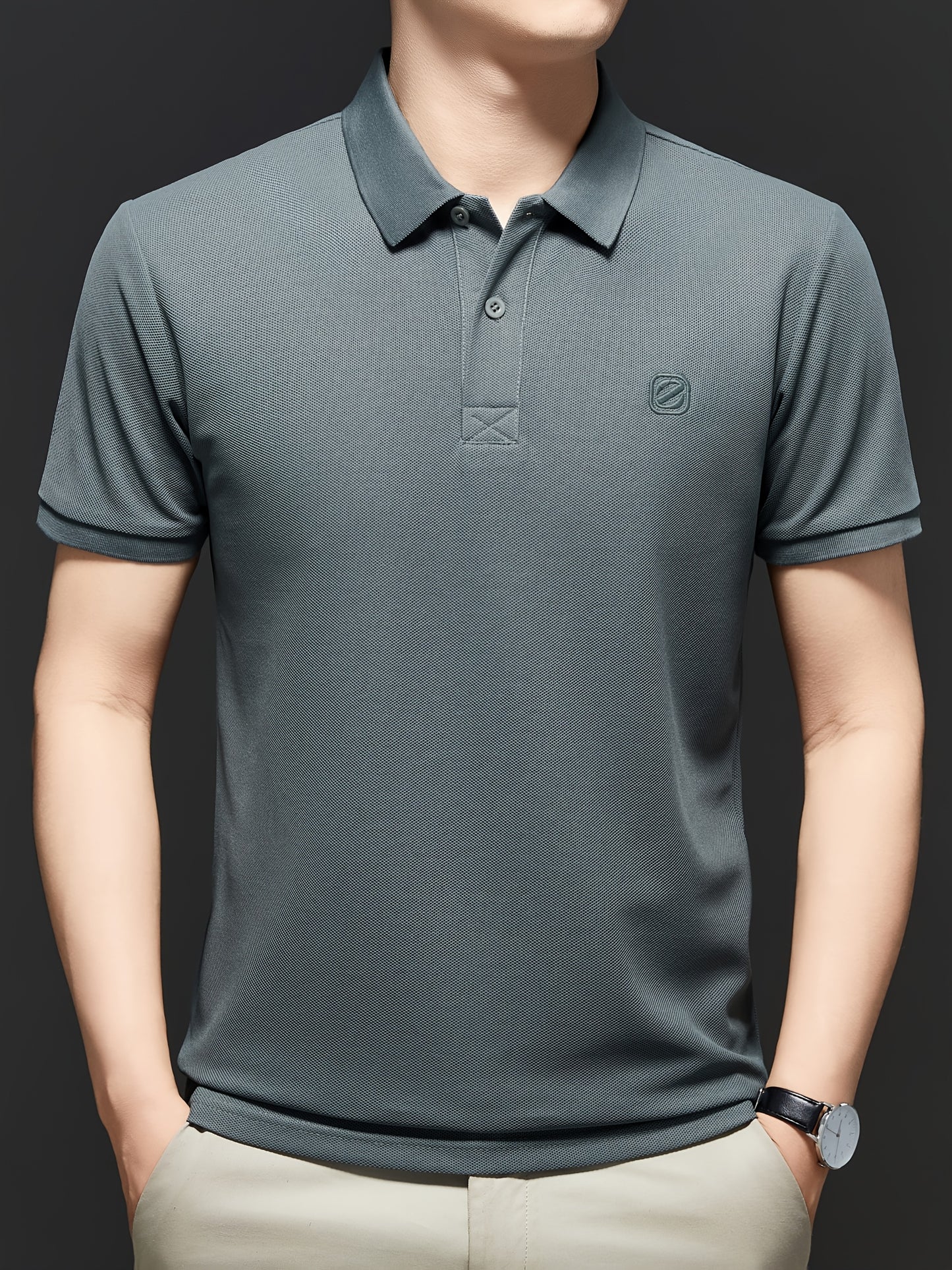 Men's Slim-Fit Short Sleeve Shirt - Breathable Black with White Collar & Logo, Classic Lapel Neck, Wrinkle-Resistant Fabric for Spring/Autumn, Versatile Casual & Semi-Formal Wear - Easy Care (Hand Wash/Dry Clean) - ZBZP25 Col