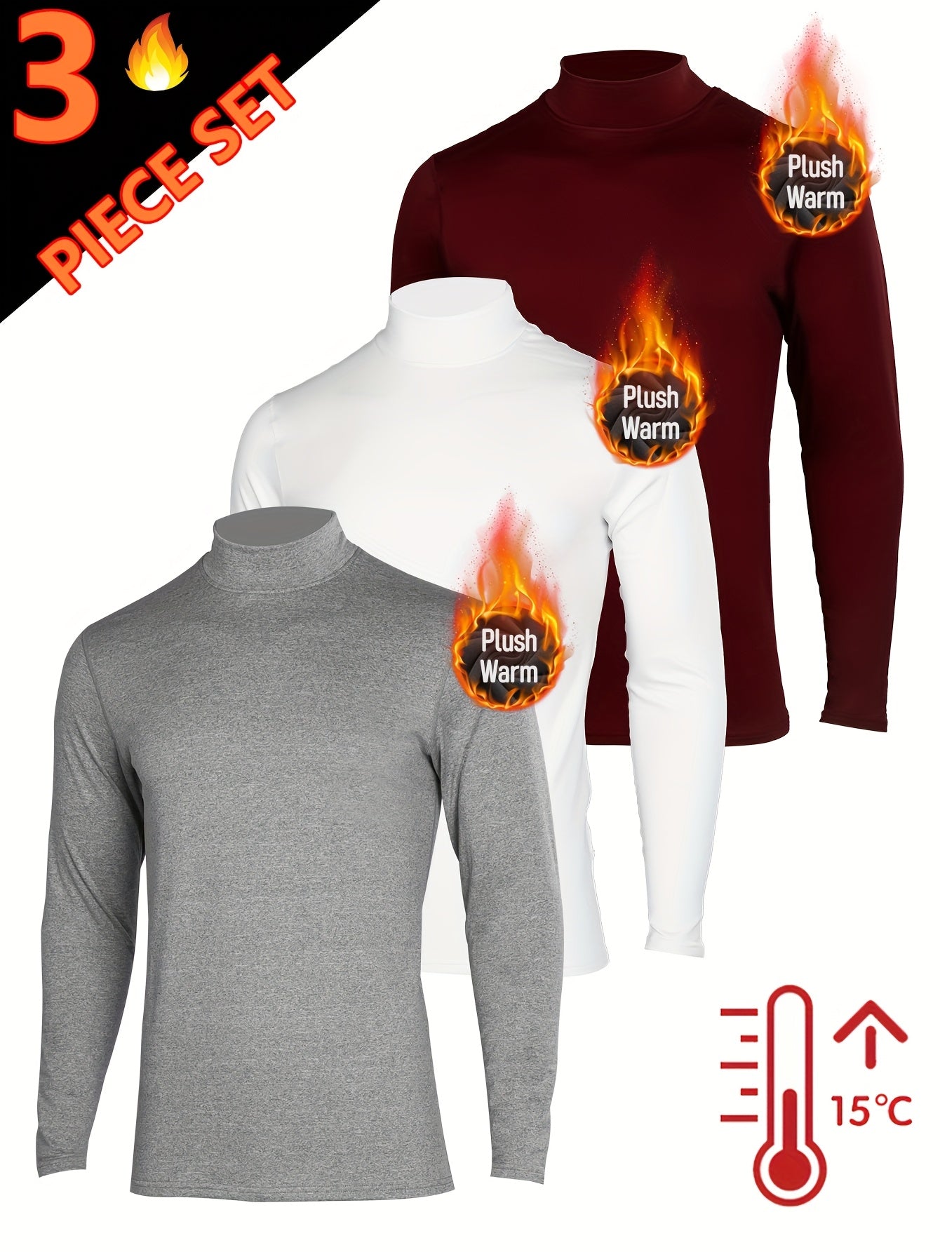 3pcs Sous-Vêtements Thermiques Homme – Col Montant Manches Longues