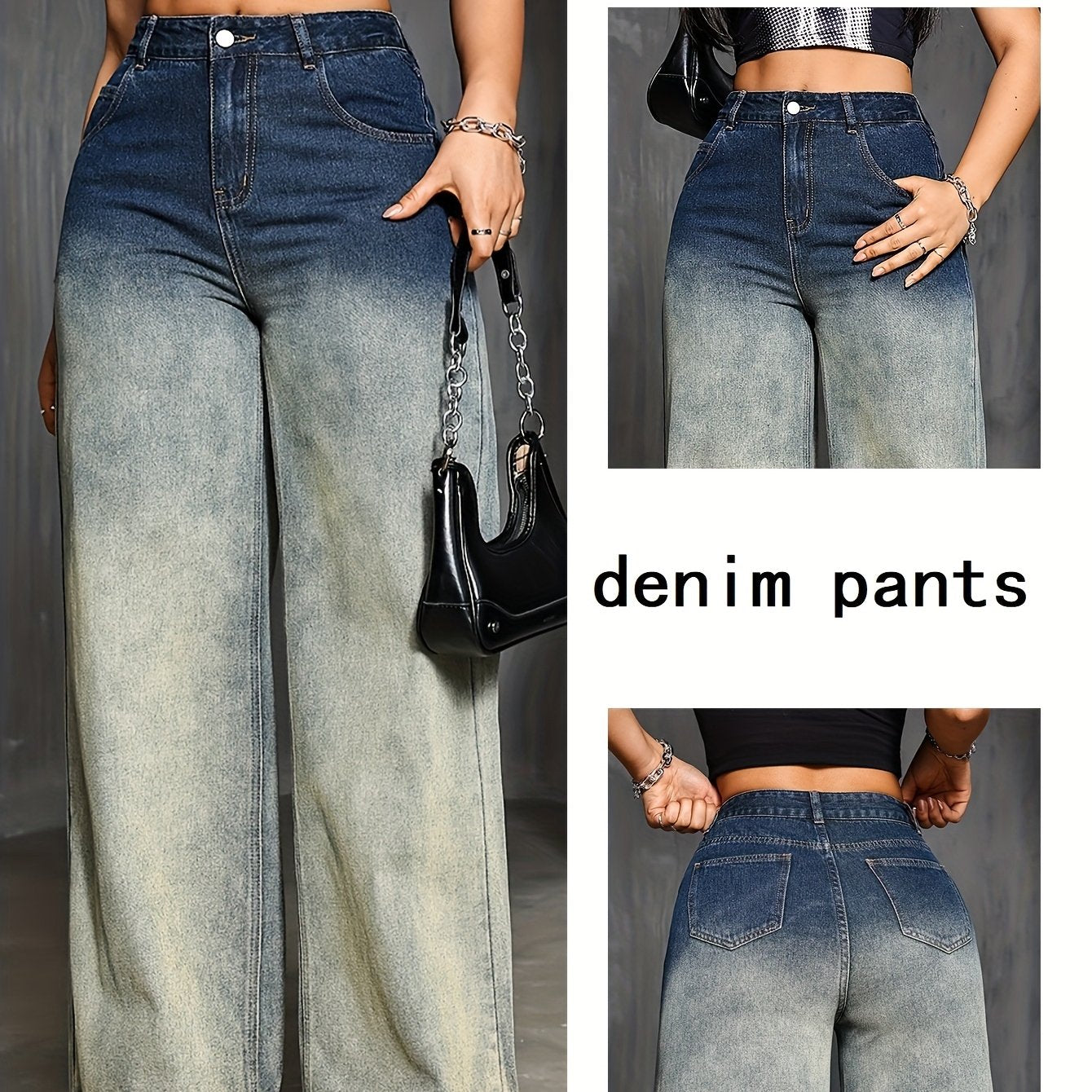 Jeans Femme Taille Haute Dégradé Jambe Large Style Street Bootcut Poches Boutons Toute Saison Confort Décontracté