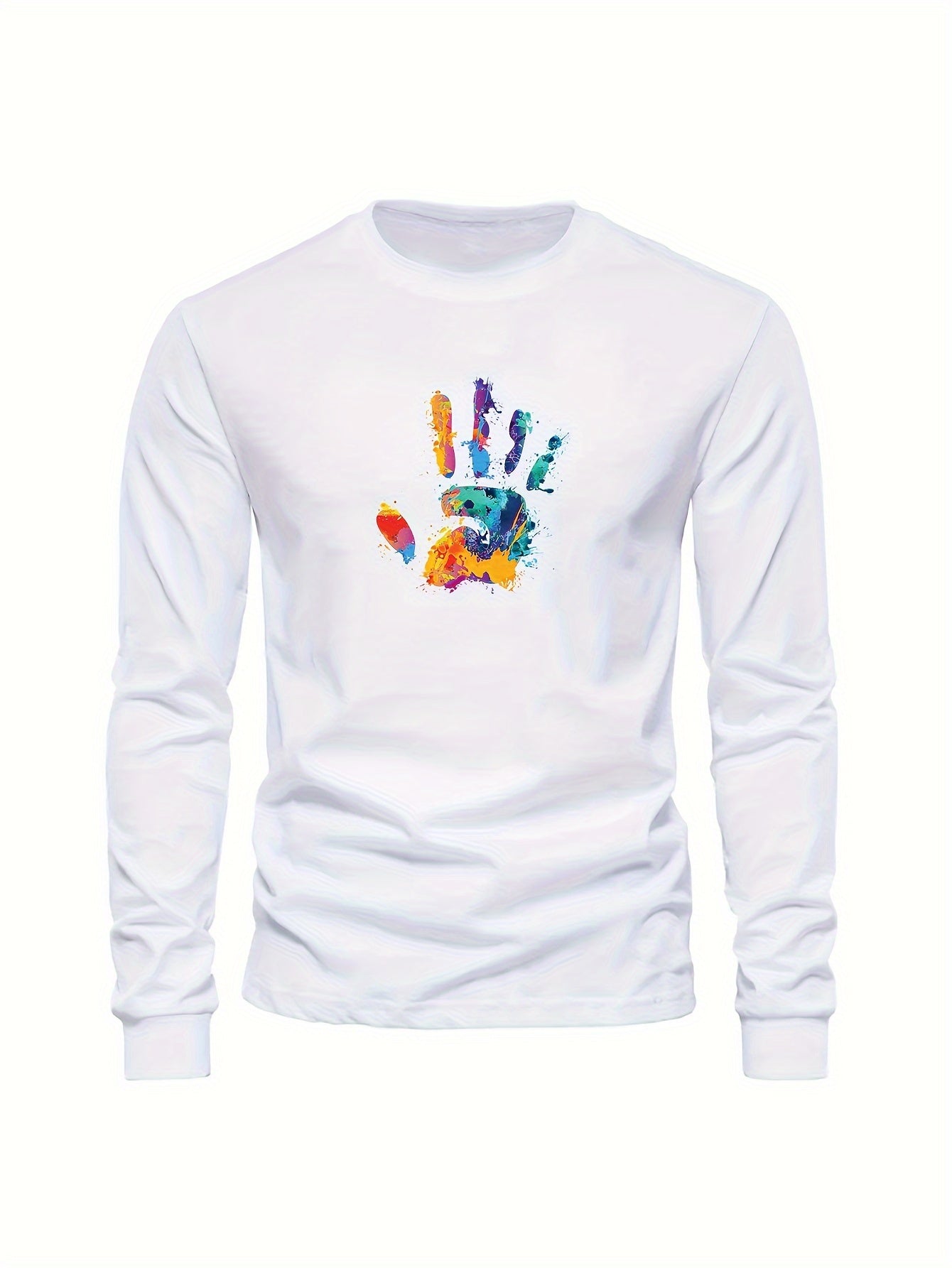 Colorful Hand Print Pattern Men's Trendy Long Sleeve Crew Neck T-shirt, Spring Fall