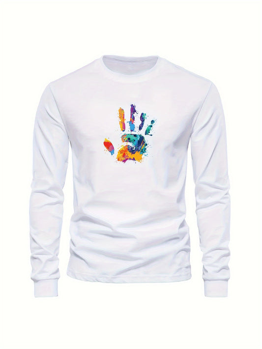 Colorful Hand Print Pattern Men's Trendy Long Sleeve Crew Neck T-shirt, Spring Fall