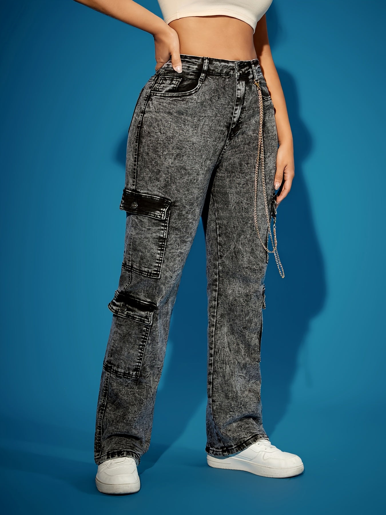 Jeans Cargo Femme Taille Haute Extensible Couleur Unie Chaîne Boutons Toute Saison Longueur Totale
