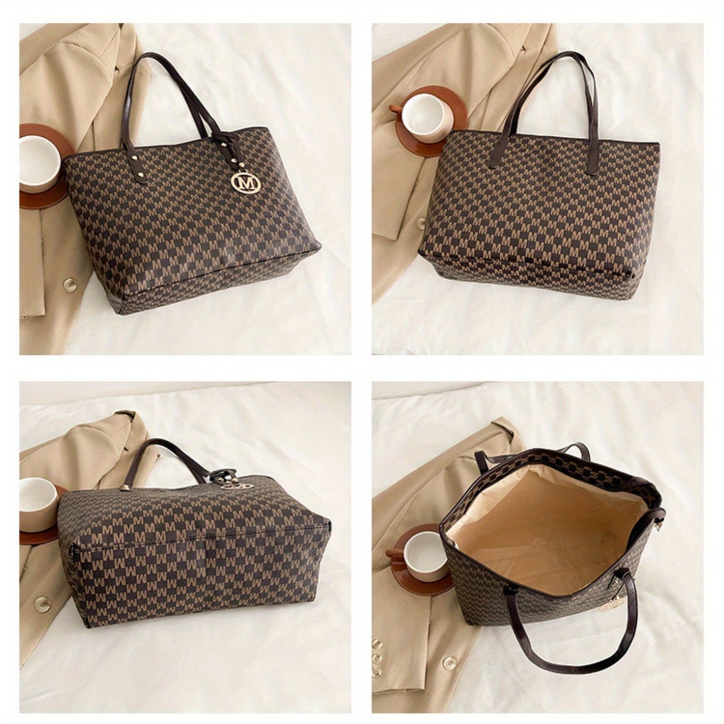 Sac cabas femme à motif en M – élégant imprimé géométrique en PU, grande capacité, bandoulière chaîne dorée avec logo "M", plusieurs compartiments, fermeture zippée, sac convertible pour usage quotidien