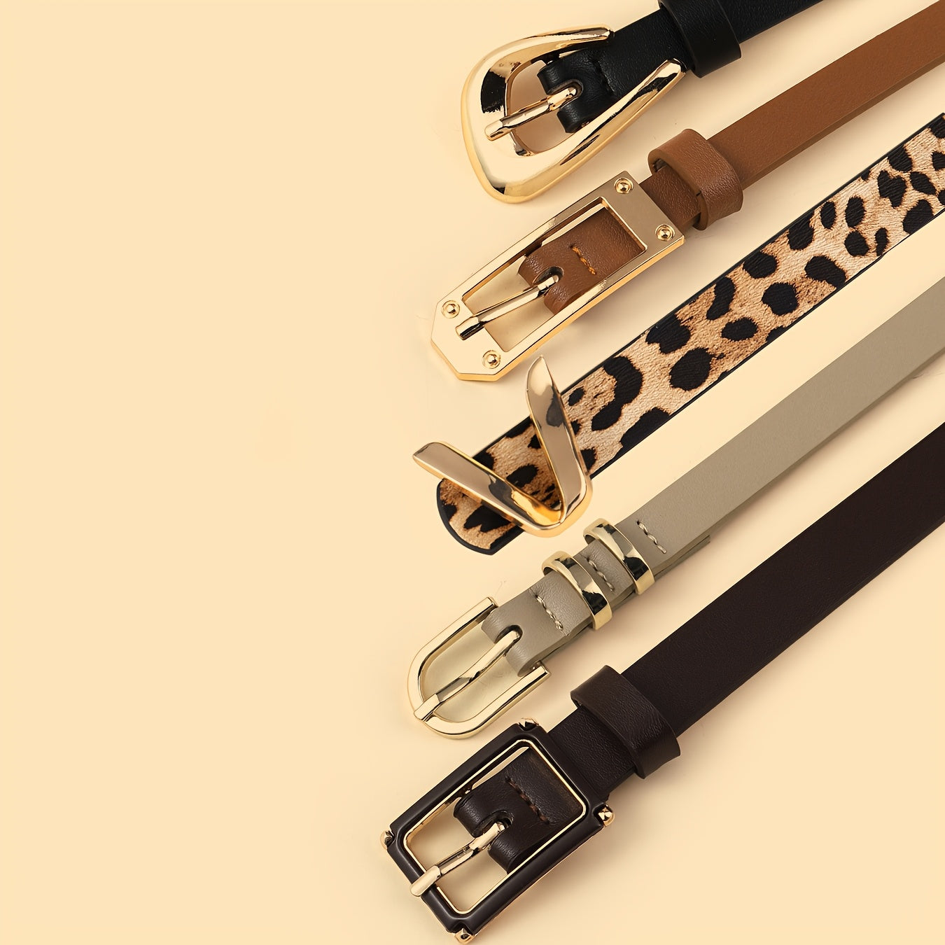 Lot de 5 ceintures en similicuir pour femme avec boucles dorées - Imprimé léopard bohème et texturé