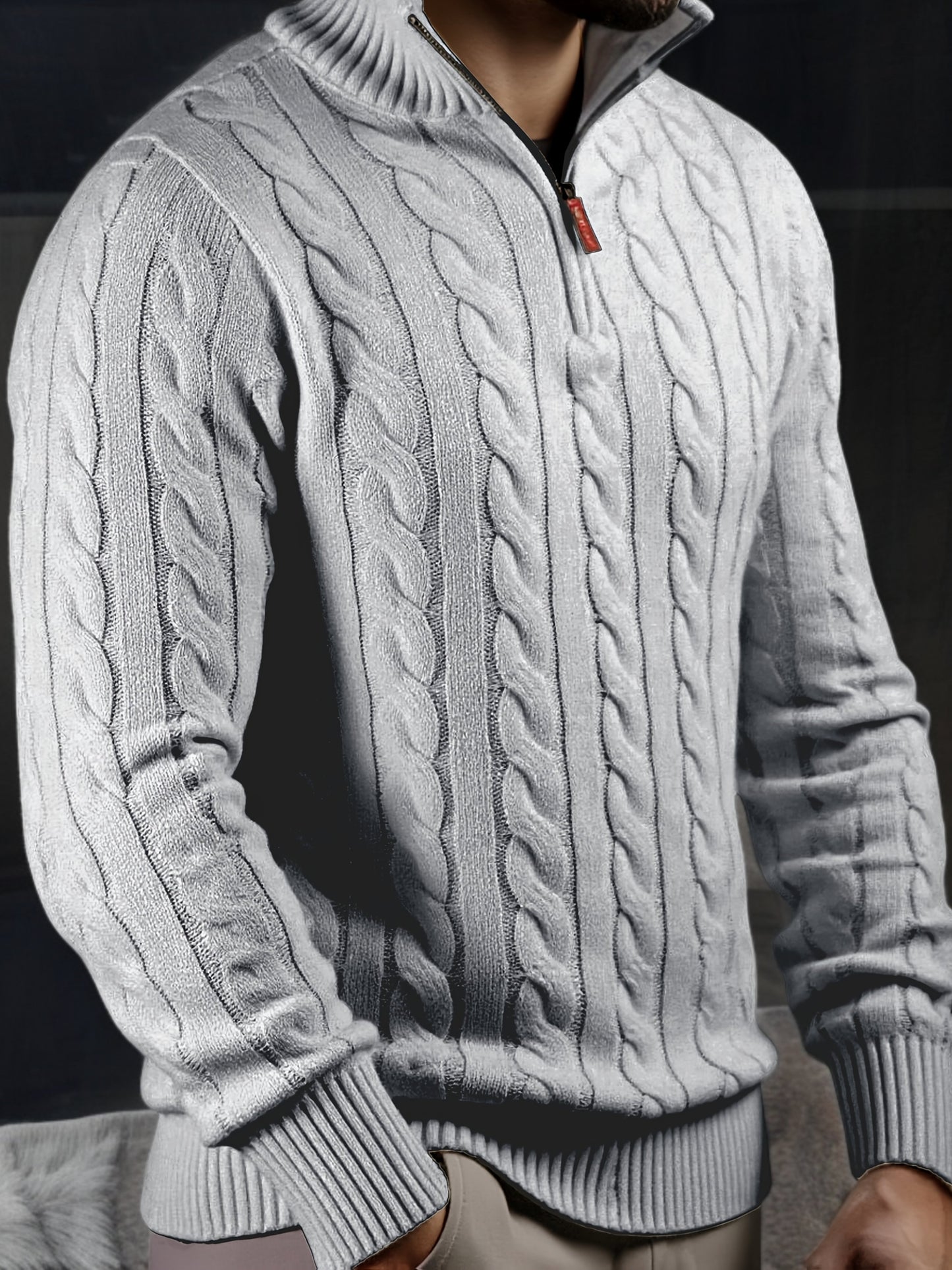 Men's Solid Color Zippered -Knit Sweater - Winter Warm High Neck Pullover, Soft Stretch Knitwear Suitable for Office, Date Night & Casual Wear - Ideal Gift for Fall/Winter