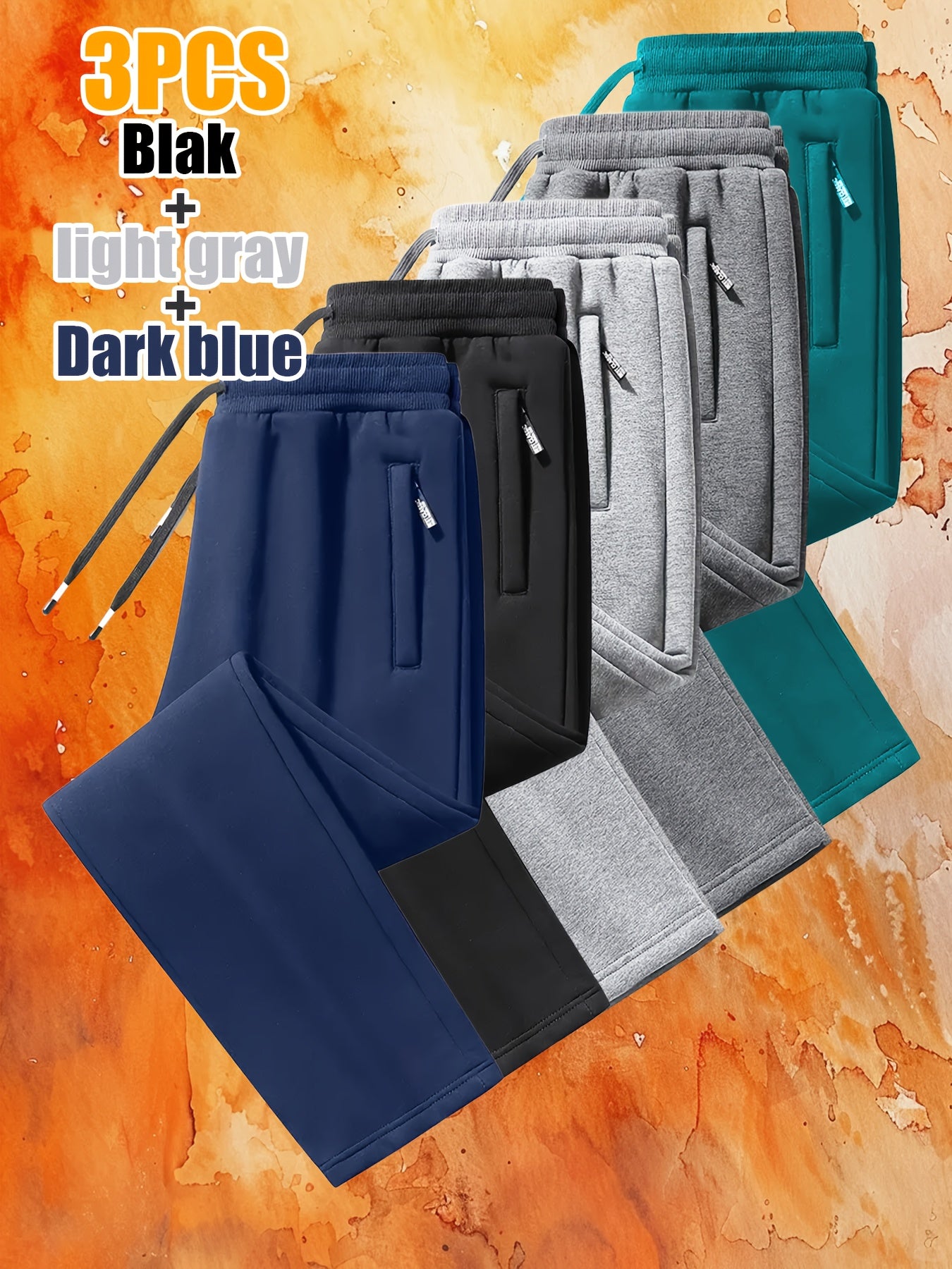 3pcs Joggers Thermiques Homme – Full-Zip, Confortables, Gris/Noir/Bleu/Vert, Sport & Casual