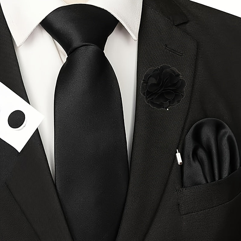 Lot de 5 Accessoires Homme – Cravate, Pochette, Boutons de Manchette et Broche, Ensemble Formelle pour Mariage, Bureau et Fêtes