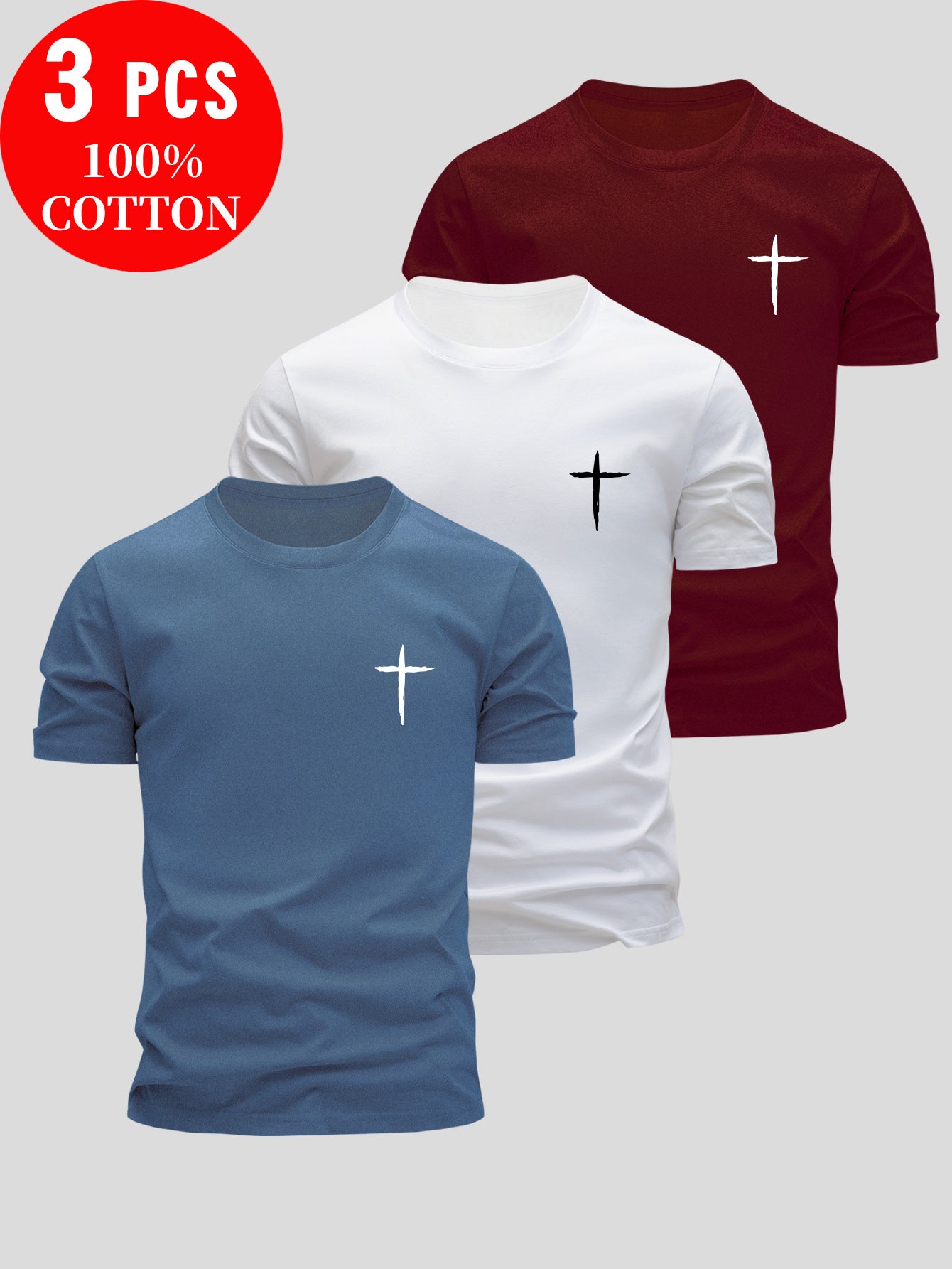 3pcs Men'S 100% Cotton Slim Fit T-Shirts - Breathable Round Neck Short Sleeve Tops with Cross Design, Lightweight & Moisture-Wicking for Summer Casual Wear, Everyday Tshirt | Minimalist Design | Breathable Fabric, Sweat-Resis