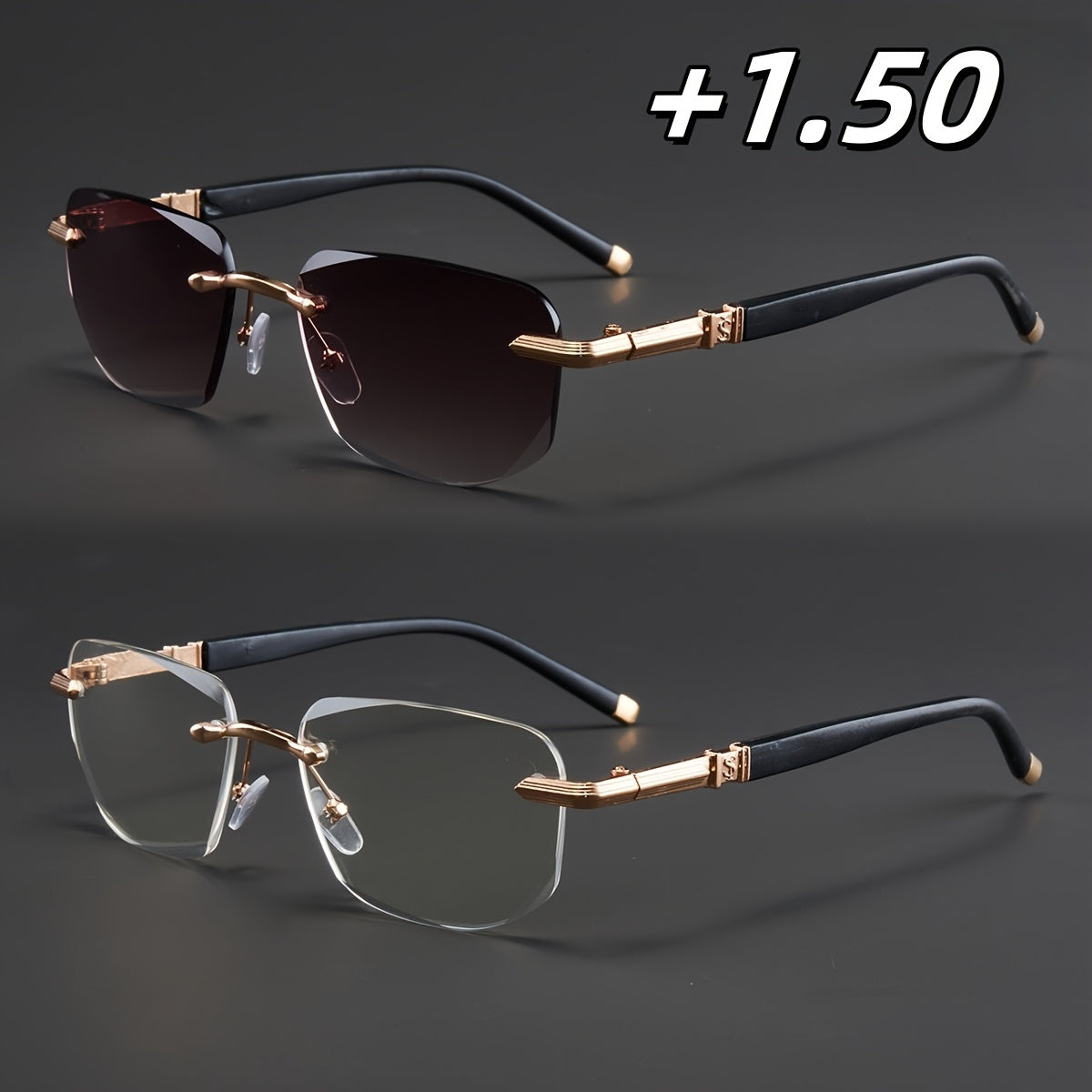 Two Pairs, Bundled Set, Stylish, Men'S, Exquisite, Luxurious, Rimless, Beveled Edge, Reading Glasses, Metal Frame, Options: 100, 150, 200, 250, 300, 350, And 400 Degrees, Without Battery, Christmas Gifts
