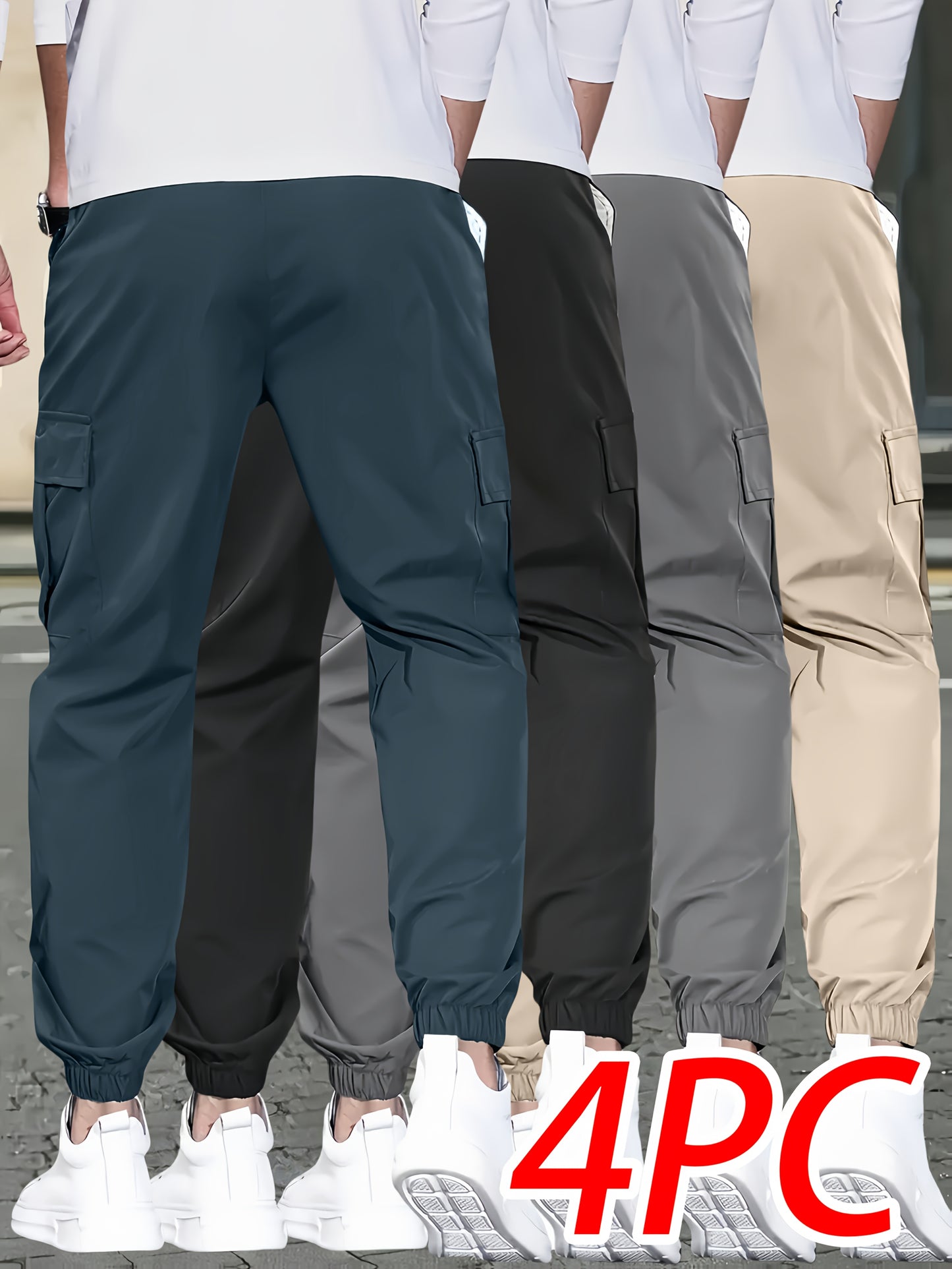 4pcs Pantalons Cargo Homme – Loose Fit, Cordon, Multipoches, Teal/Noir/Gris/Beige, Casual & Outdoor