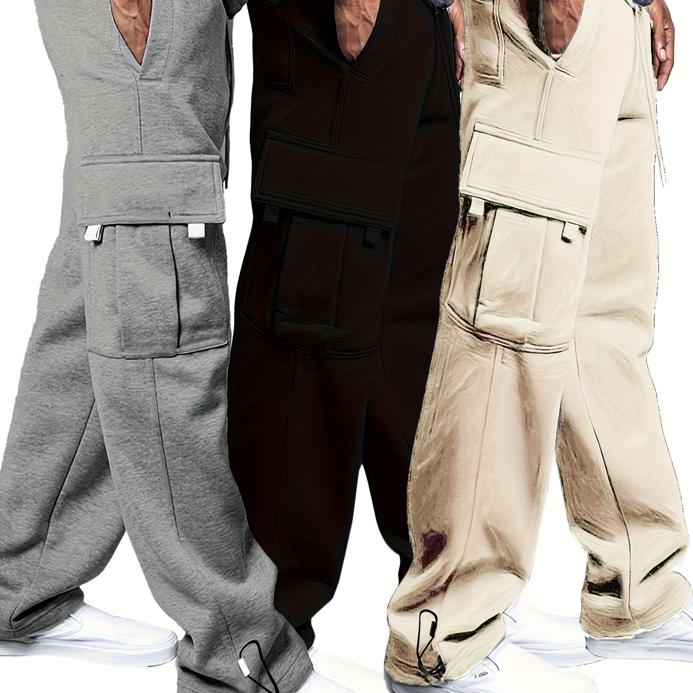 Pantalons cargo décontractés pour homme (3 pièces) – style streetwear outdoor, multi-poches, poignets élastiques avec cordon, polyester 100 %, couleur unie, coupe régulière, taille mi-haute, jambe droite