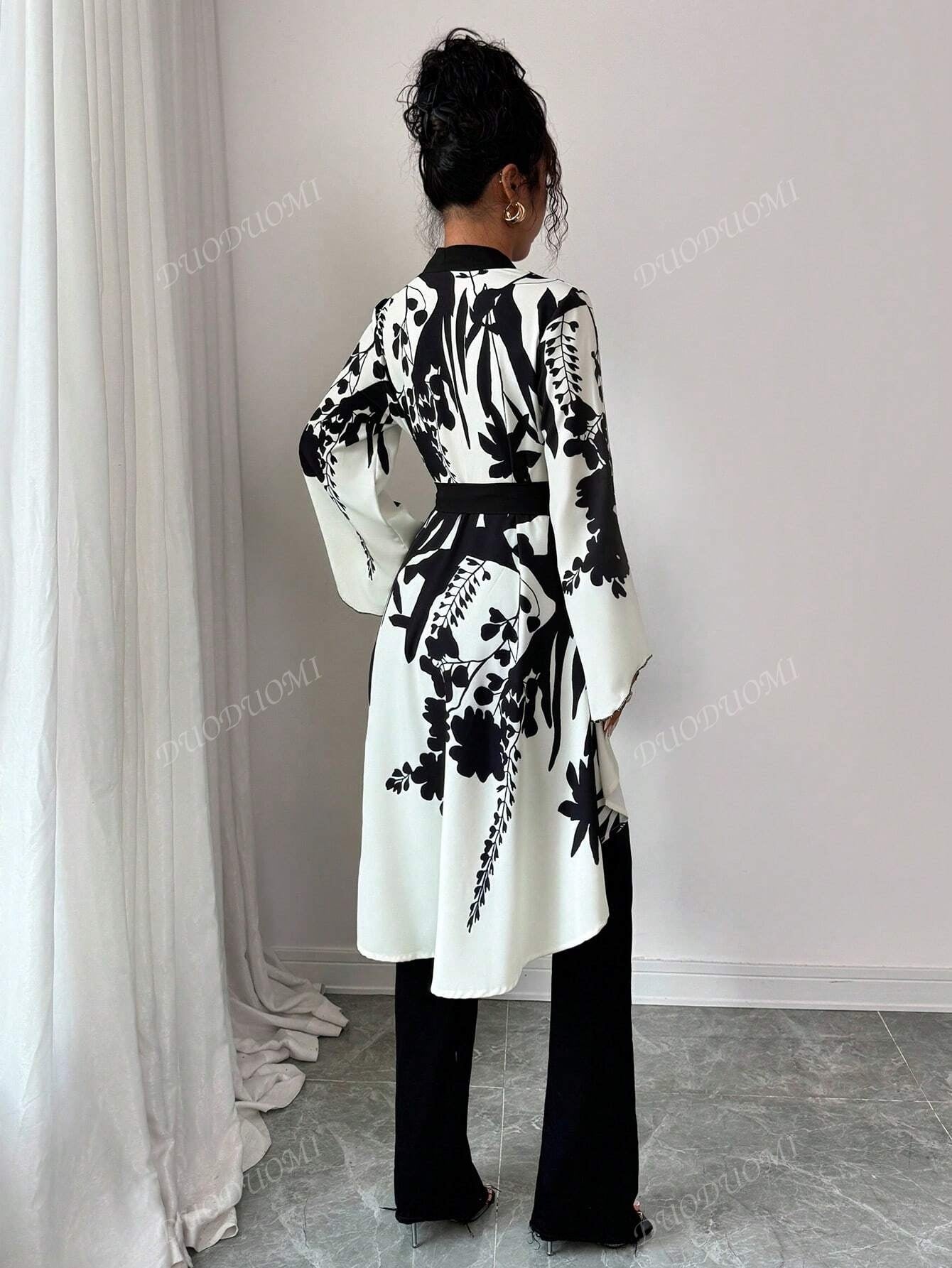 Autumn Women's Floral Print Flare Sleeve Tie-Back Shirt