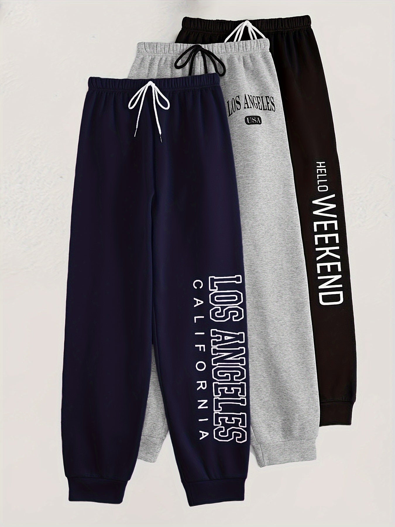 Pantalons lounge pour homme (3 pièces) – mélange polyester, imprimé alphabet, tissu tricot basique, légère extensibilité, coupe régulière, idéals toutes saisons pour détente et pyjama