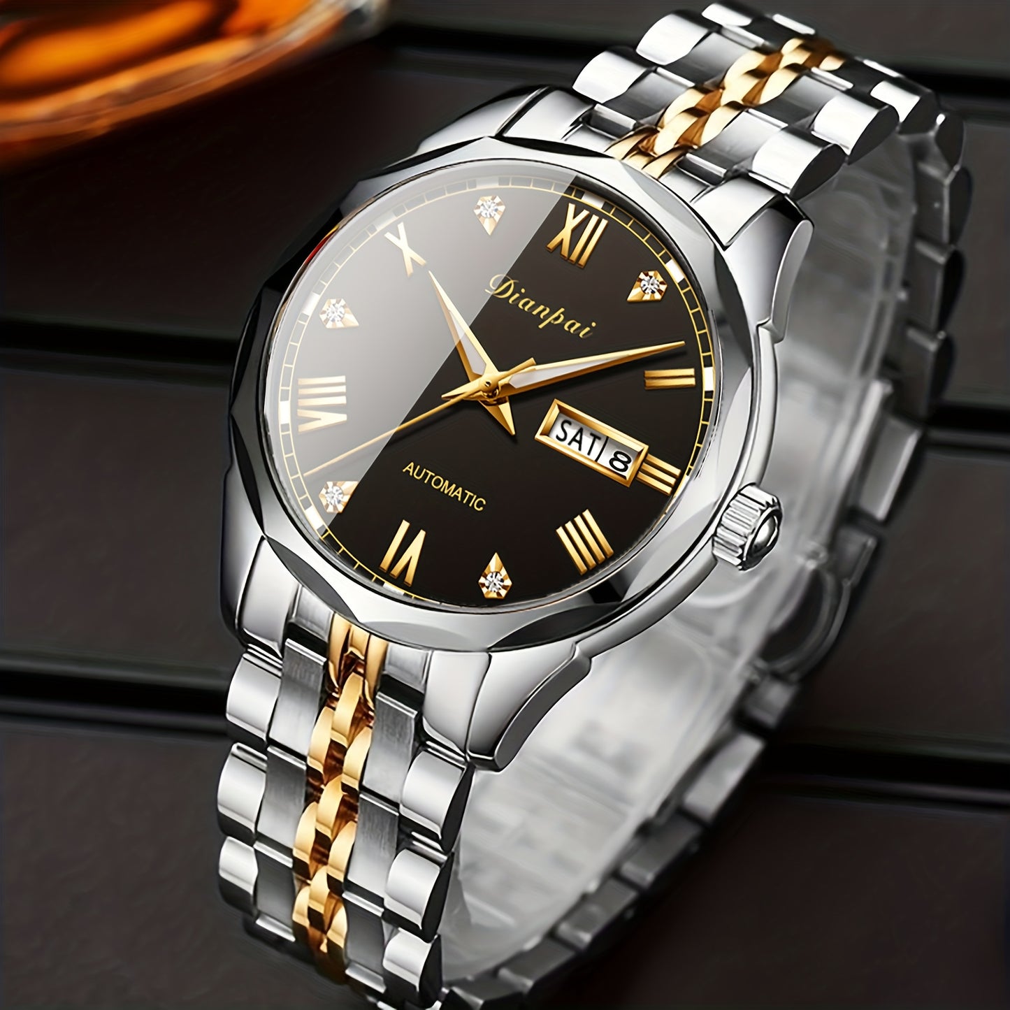 Luxury Men'S Fully Automatic Mechanical Watch with Luminous Calendar & Date Display - Stainless Steel Strap, Golden-Tone Dial, Business & Formal Wear, Without Battery, Formal Accessory, Professional Men, Stylish Men