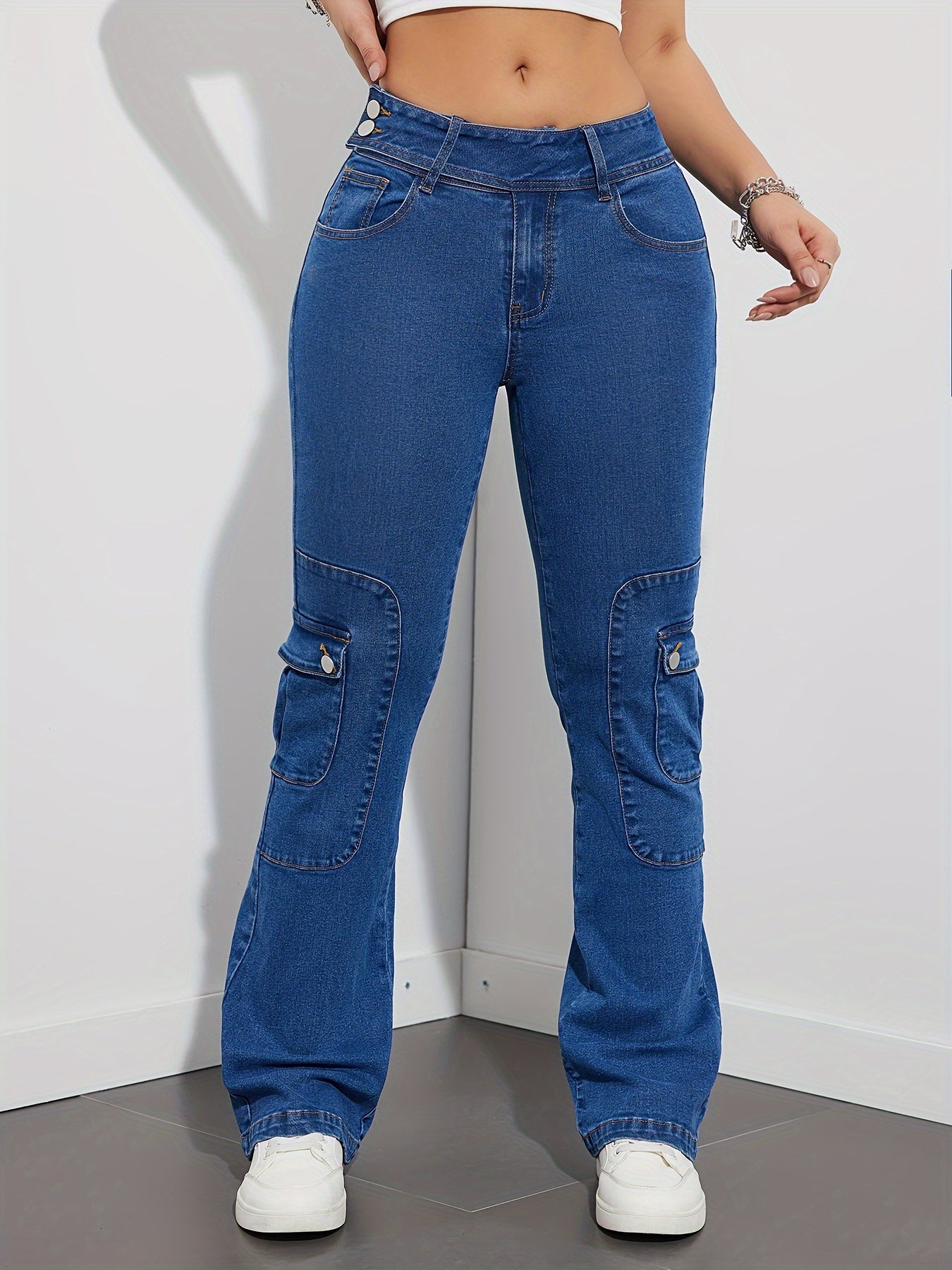 Jeans Femme Taille Mi-Haute Évasé Extensible Poches Rabat Décontracté Bootcut Denim Polyvalent