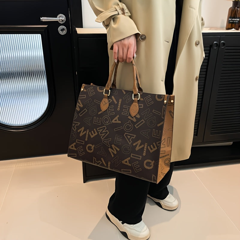 Sac Cabas Femme en Cuir Synthétique Élégant – Fermeture Éclair, Marron Café avec Motif Lettres Stylé et Poignée en Bois, Parfait pour Usage Quotidien | Sac à Épaule Chic | Design Sophistiqué