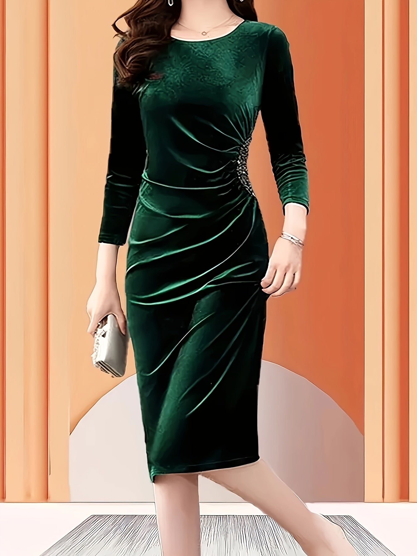 Emerald Green Velvet A-Line Midi Dress - Elegant Round Neck Long Sleeve Machine Washable Women's Formal Party & Evening Dress, All-Season Versatile Solid Color, Emerald Dress