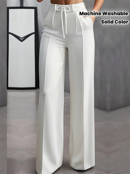 Pantalon Femme Blanc – Jambe Droite, Taille Ajustable avec Nœud, Couleur Unie, Non Extensible, Bureau et Semi-Formel